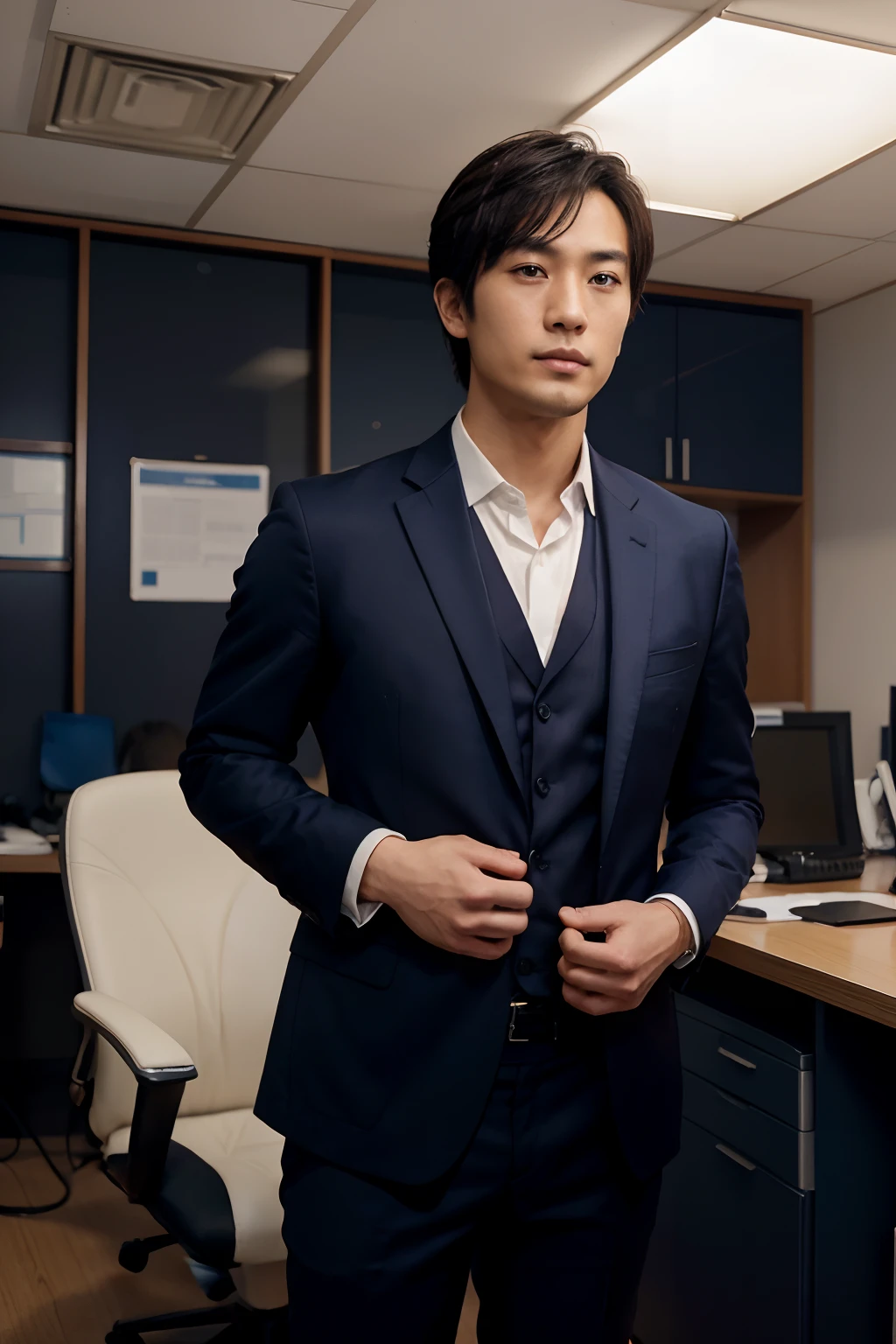 AI Models, Like a Japan actor in a dark blue suit,a 25-year-old man,Looking at the camera, Handsome shorthair, clean, from waist up, Stand in your office room. Capture this image photo using an 85mm lens for a flattering perspective.