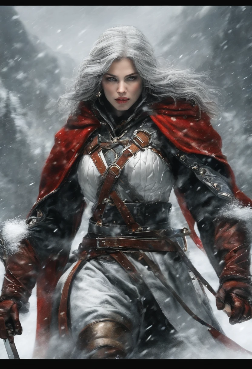 obra maestra, calidad superior,Artes marciales estilo devilcore, apariencia absurdamente hermosa de las artes marciales detalladas por cg, mujer delgada, alta figura de reloj, grandes pechos, tez blanca, cabello negro, On a snowy mountain, sosteniendo una espada enfundad, entre sus pechos, desnuda con venas doradas y finas cubriendo todo su cuerpo Retrato completo, Estilo Yoshitaka Amano y Yoji Shinkawa, pintura a tinta, rojo, blanco y negro, Pinceladas audaces, Arte conceptual, Cinematic Motion Lighting, Estilizar, impresionante, Detalles de la entrada por Irakli Nadar 50 --luz ascendente --s 2