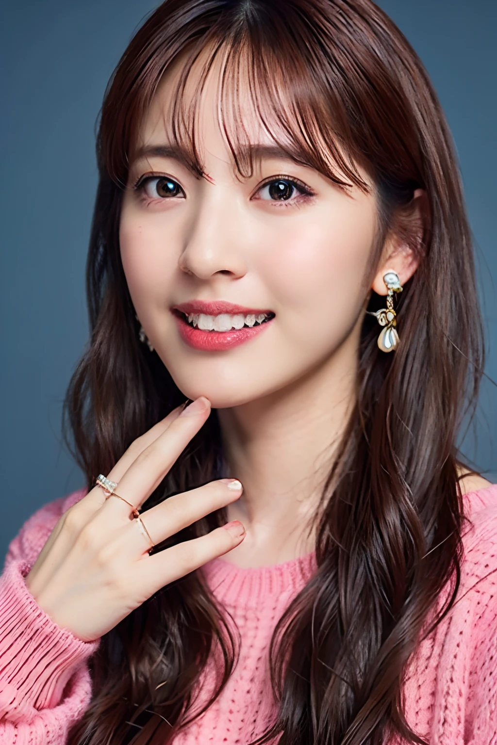 (A hyper-realistic), (illustratio), (hight resolution), (8K), (ighly detailed), (The best illustrations), (beautiful and delicate eyes), (top-quality), (ighly detailed), (​masterpiece), (wall-paper), (详细的脸), 独奏, 1 girl in, looking at the viewers, finely detail, 详细的脸, In the dark, deep-shadows, demure, pureerosfaceace_v1, a smile, bust, （Pink-gray hair color、Red and green and blue colorful off-the-shoulder sweater、Earrings of large bird feathers that go up to the shoulders）