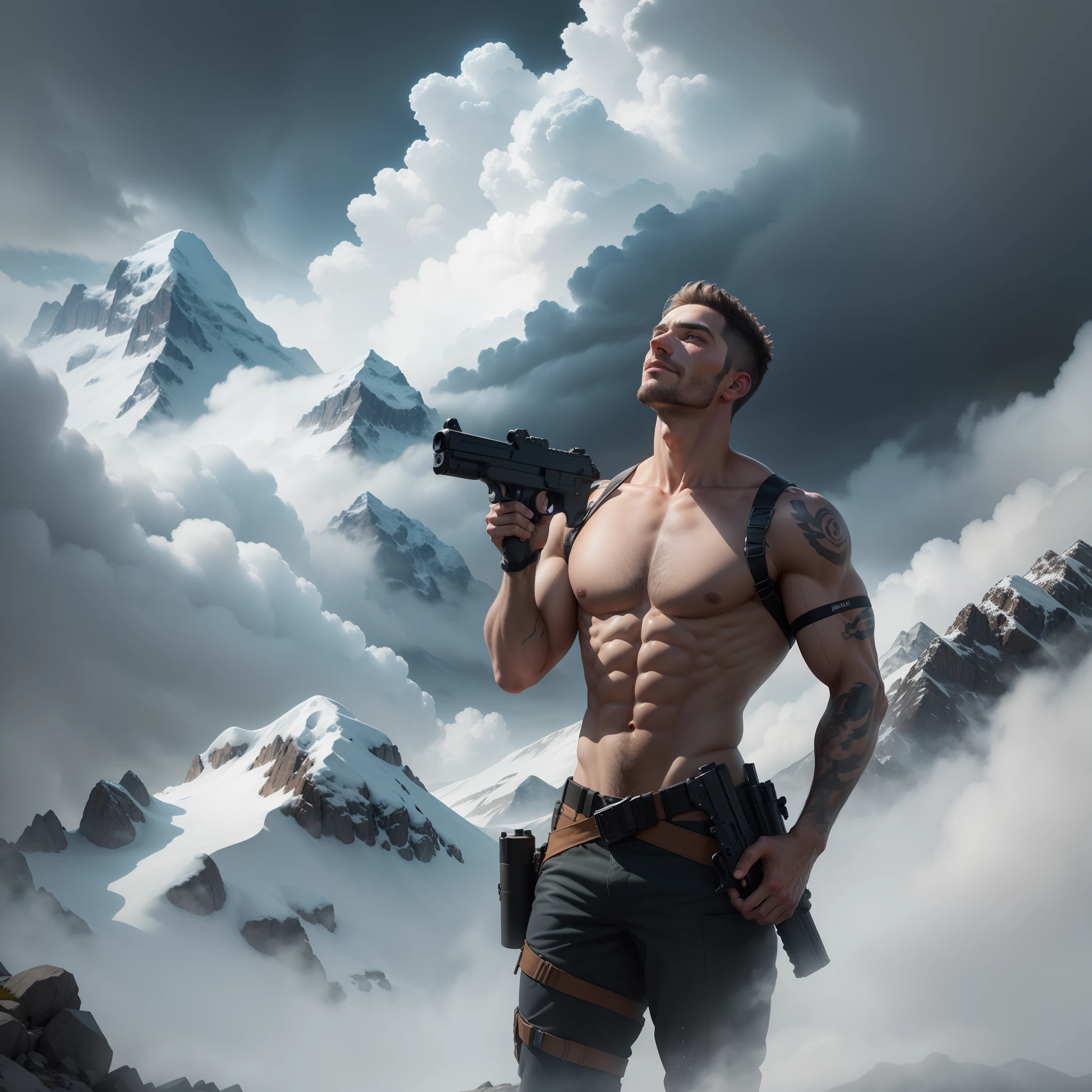 A man with a gun in his hand, Looking up the mountain, At the top of the mountain is, (beste-Qualit, 8K, 12), the perfect body, In the sky with a cloud of storms .