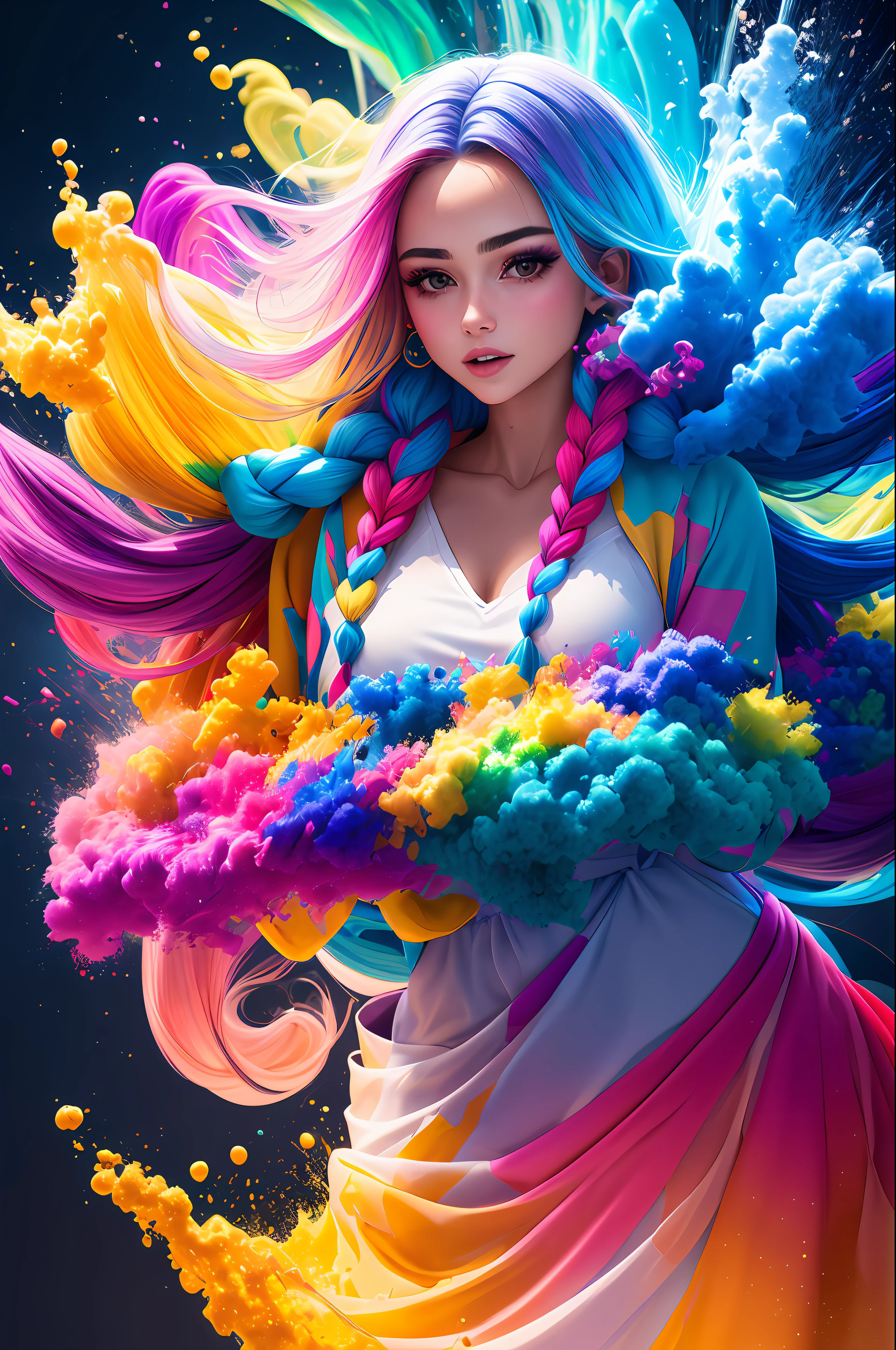 (corpo inteiro:1.2), (Smokexxx:1.4), 1menina com cabelo realmente selvagem, (cabelos ondulados multicoloridos:1.2), (Two Long Braids:1.2), (longos cabelos selvagens:1.2), (cabelos multicoloridos: 1.9), usando uma saia longa, alto contraste, Epic cinematic, soft studio lights, luz de aro, Absurdo, Amazing, Funny, itricado, hiper detalhado, ultra realistic, cores suaves, 8k