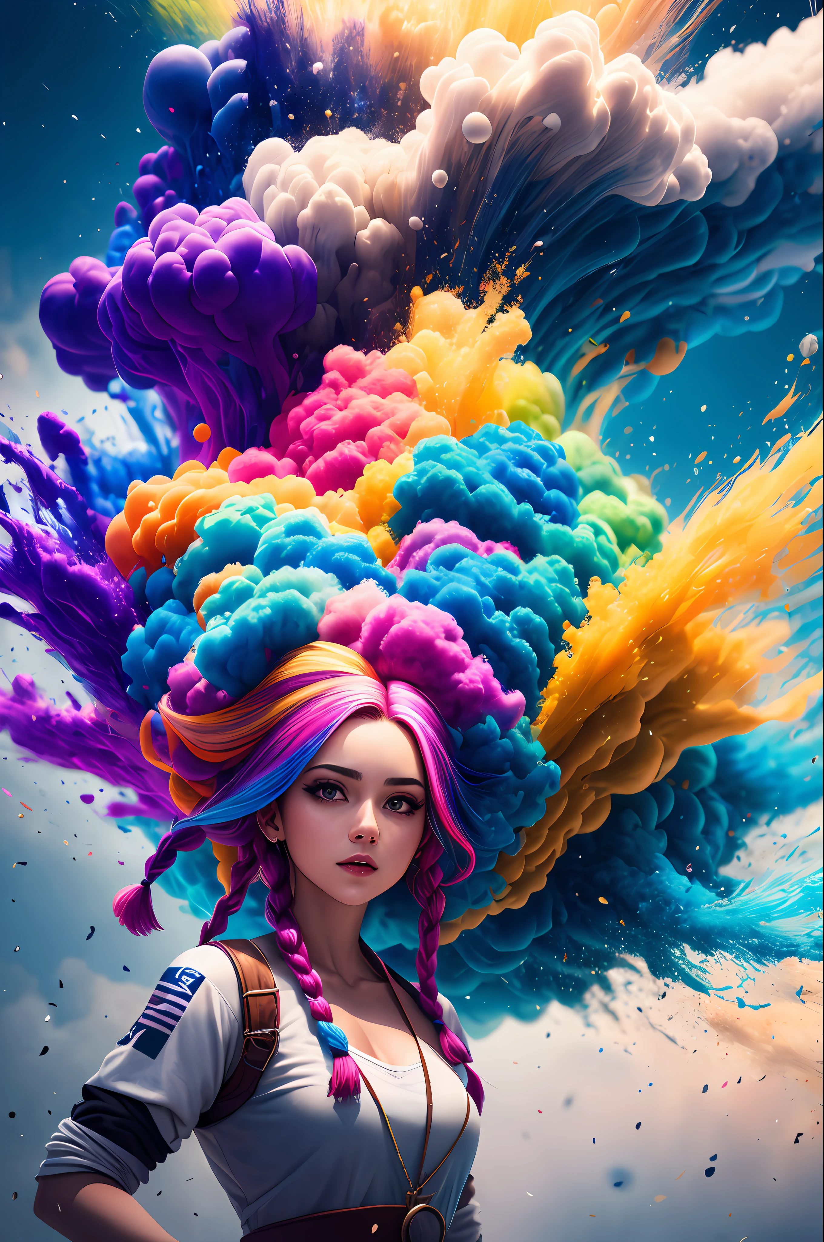 (corpo inteiro:1.2), (Smokexxx:1.4), 1menina com cabelo realmente selvagem, (cabelos ondulados multicoloridos:1.2), (Two Long Braids:1.2), (longos cabelos selvagens:1.2), (cabelos multicoloridos: 1.9), usando uma saia longa, alto contraste, Epic cinematic, soft studio lights, luz de aro, Absurdo, Amazing, Funny, itricado, hiper detalhado, ultra realistic, cores suaves, 8k