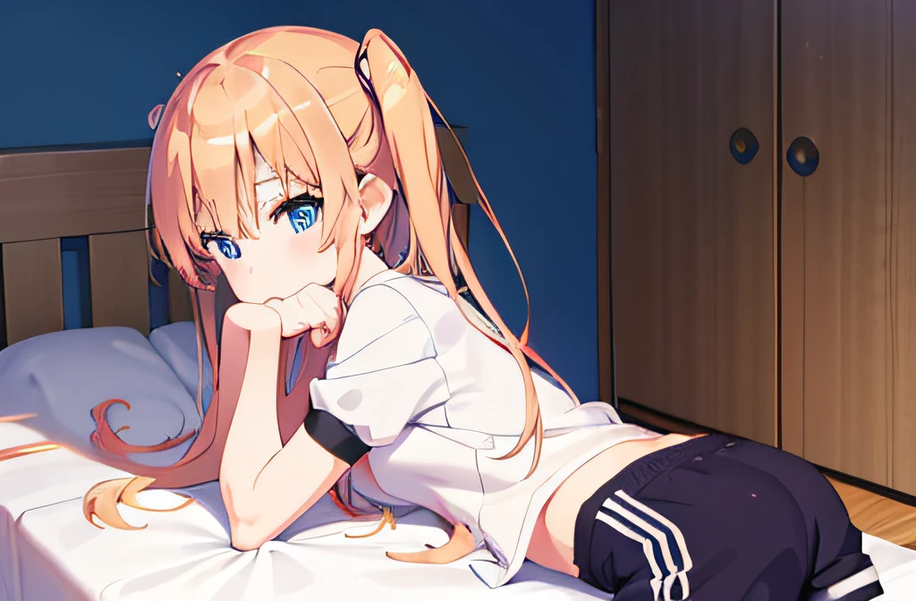 ((masutepiece)), ((Best Quality)), (Ultra-detailed), Anime style, on the bed, Cute  girl s, 1girl in, Solo, Gym Shorts 00, ((Beautiful eyes))0, Smile