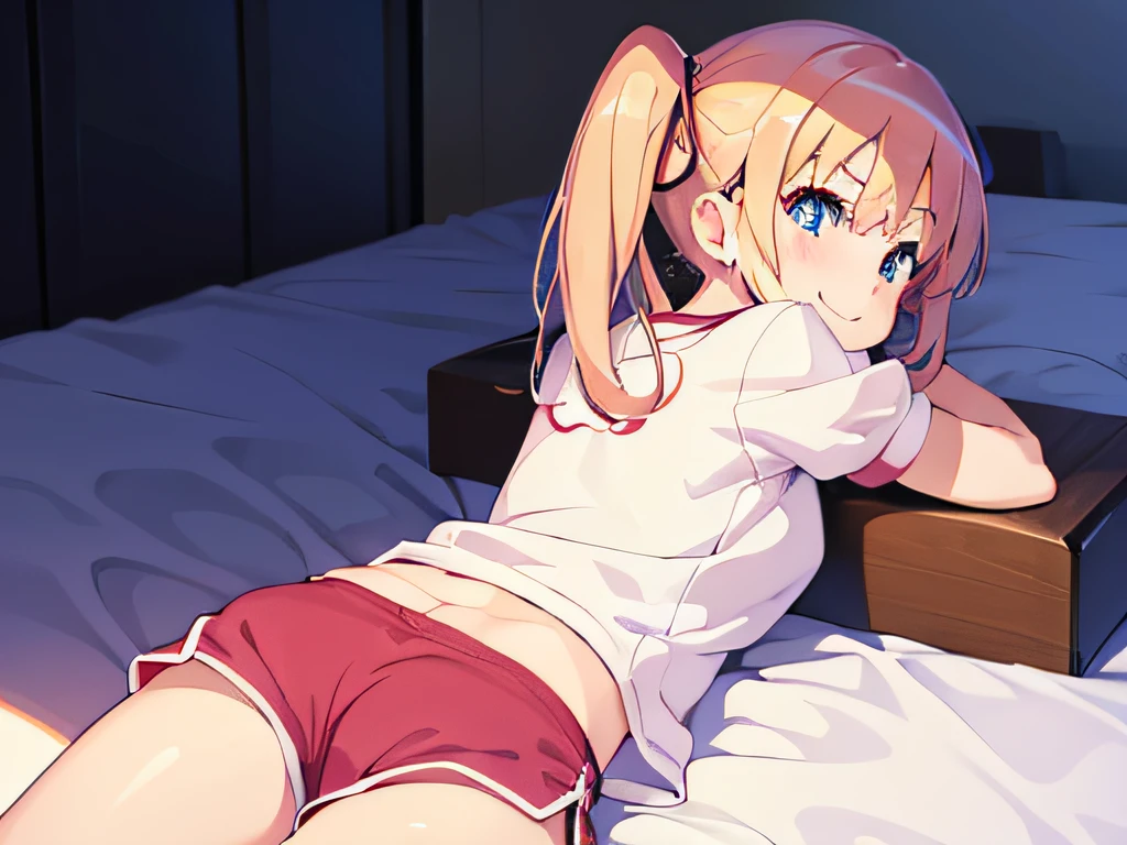 ((masutepiece)), ((Best Quality)), (Ultra-detailed), Anime style, on the bed, Cute  girl s, 1girl in, Solo, Gym Shorts 00, ((Beautiful eyes))0, Smile