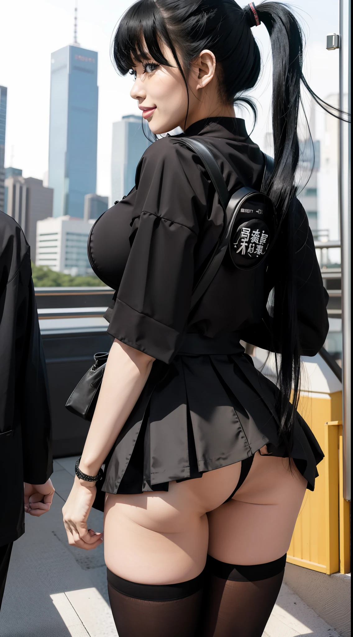 UHD UHR hyper realistic beautiful face and details, high realistic skin, smile, 1girl japanese stretwear, ( Sukeban ), seductive silhouette, sexy look, slluty, wearing black  miniskirt and white bustier, garterlerg, muscular body shaped, thicc thighs and Long black stockings and a backpack Tous wears two pigtails, long black hair, toned legs, fine features, walking, Tokyo city in the background fullbody from below voluptuos