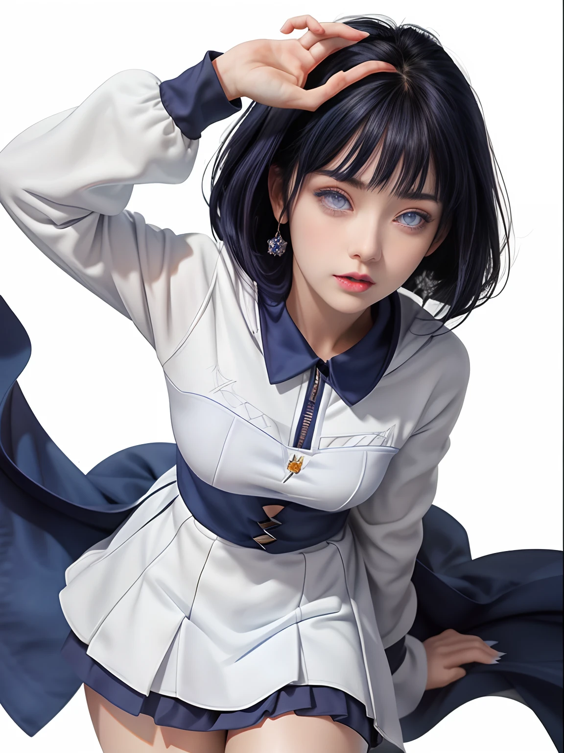 a close up of a person with long hair and a hoodie, hinata hyuga, hinata hyuga from naruto, from naruto, as an anime character, perfect anime face, she has dark blue hair with bangs, female anime character, anime character, anime best girl, hime cut hairstyle, dark blue hair, (red glossy lips:1.3), light purple eyes, big breasts, realistic, ultra detail