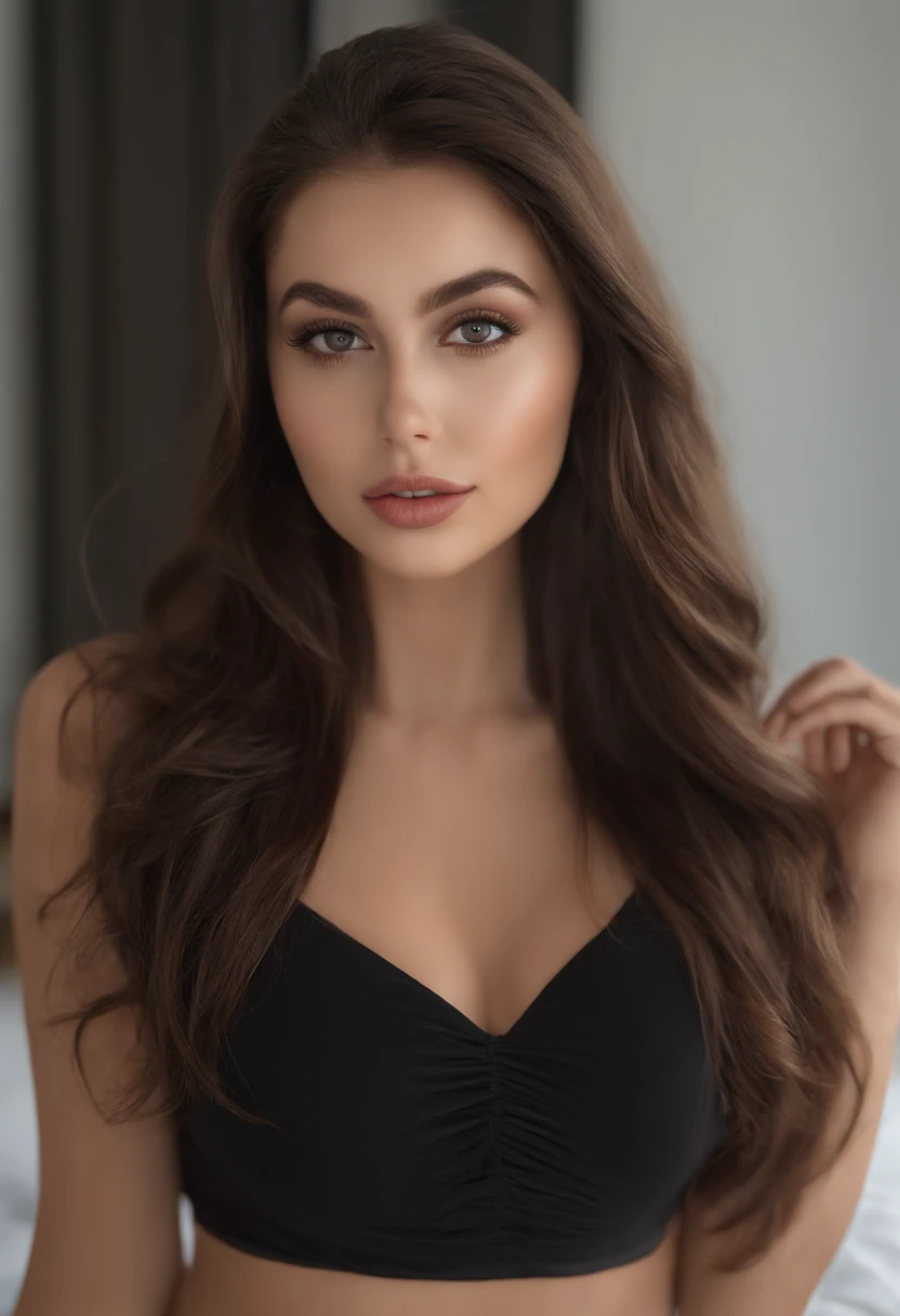 arafed woman fully , sexy girl with brown eyes, ultra realistic, meticulously detailed, portrait sophie mudd, brown hair and large eyes, selfie of a young woman, dubai eyes, violet myers, without makeup, natural makeup, looking directly at the camera, face with artgram, subtle makeup, stunning full body shot, standing in bedroom, medium to large size bust, see through lace underwear