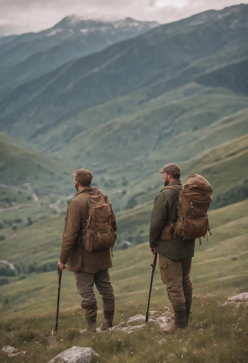 (best quality,8k,realistic:1.2),ultra-detailed,hunters standing on a hill,caucasus mountain landscape,2 hunters,mountain