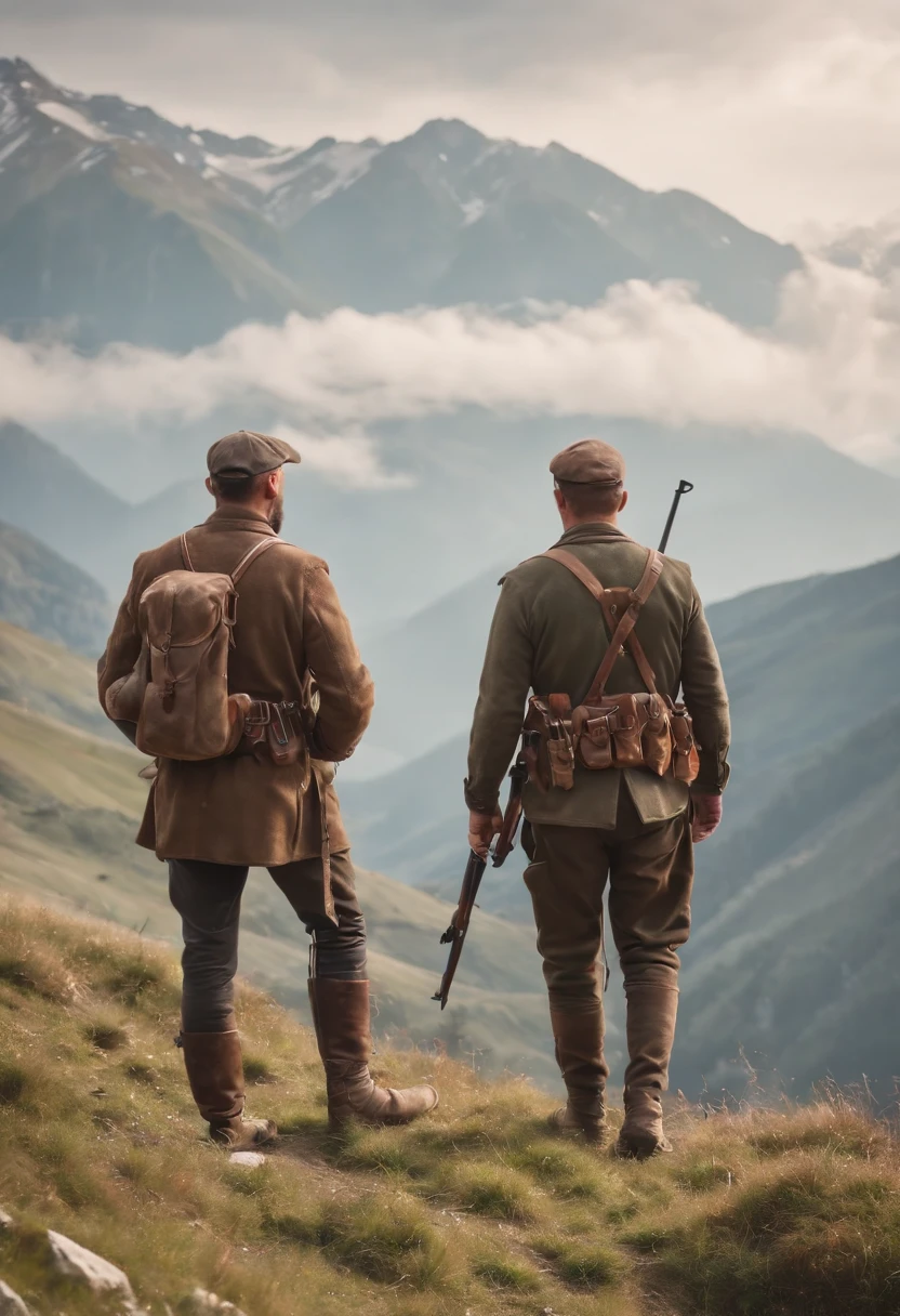 (best quality,8k,realistic:1.2),ultra-detailed,hunters standing on a hill,caucasus mountain landscape,2 hunters,mountain