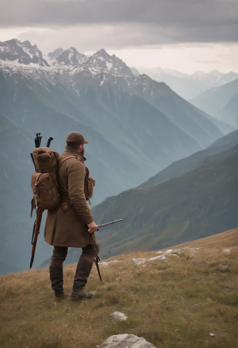 (best quality,8k,realistic:1.2),ultra-detailed,hunters standing on a hill,caucasus mountain landscape,2 hunters,mountain