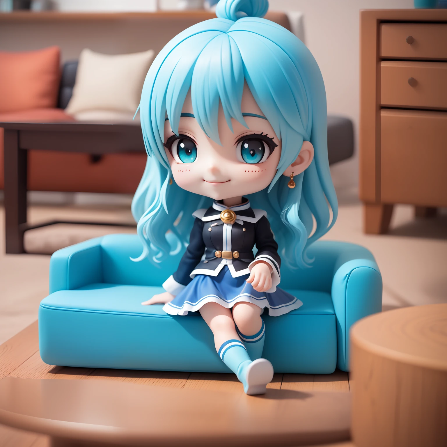(masterpiece),(best quality),(Ultra-detailed), (full body: 1.2), 1girl(aqua_Konosuba), chibi,cute, smile, light blue long haircut, blue eyes, earring, blue shirt, blue skirt, lace socks, (sitting on the red couch), seductive posture, smile, An elegant black coffee table sits in front of the sofa and some decorative items are placed on the shelves, (beautiful and detailed face), (beautiful detailed eyes),