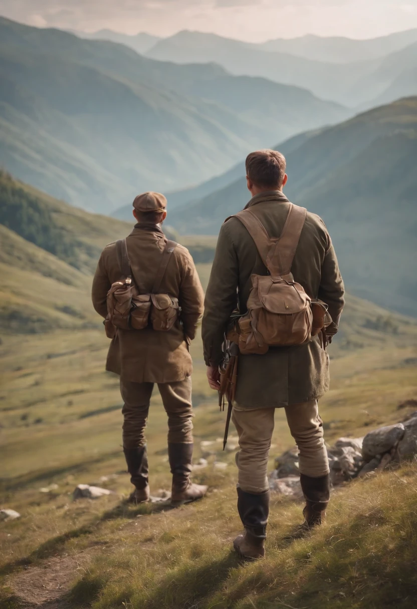 (best quality,8k,realistic:1.2),ultra-detailed,hunters standing on a hill,caucasus mountain landscape,2 hunters, mountain modern