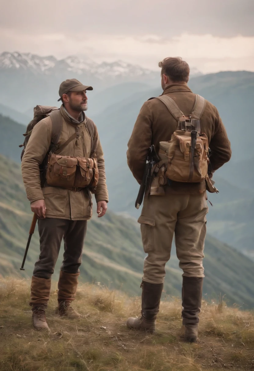 (best quality,8k,realistic:1.2),ultra-detailed,hunters standing on a hill,caucasus mountain landscape,2 hunters, mountain modern