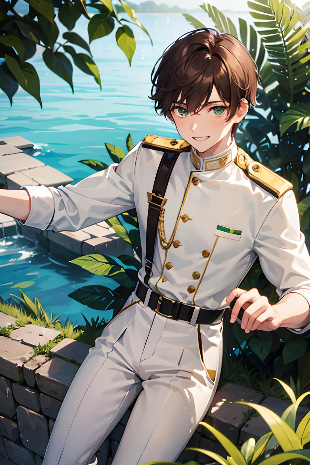 1man, short brown hair, green eyes, white uniform, grin, black trousers, slim