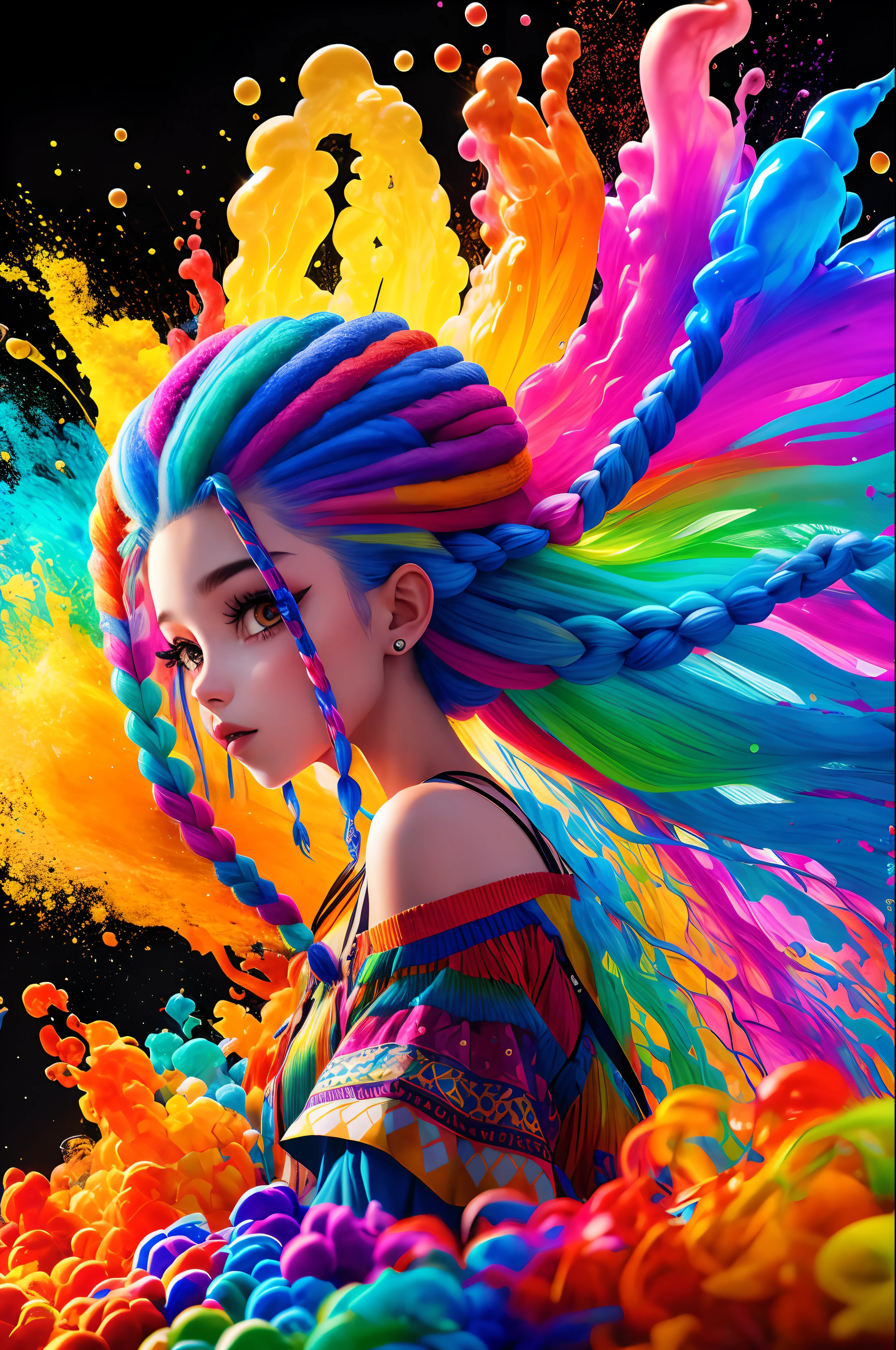 8k, RAW photo, realistic, photo-realistic, hyper-realistic, highest quality, best quality, masterpiece, highly detailed, absurdres,
masterpiece, best quality, (extremely detailed CG unity 8k wallpaper, masterpiece, best quality, ultra-detailed, best shadow), (detailed background), (beautiful detailed face, beautiful detailed eyes), High contrast, (best illumination), 1girl, Australian, multicoloured hair, beautiful, ((colourful paint splashes on transparent background, dulux)), ((caustic)), dynamic angle,beautiful detailed glow,full body, cowboy shot,