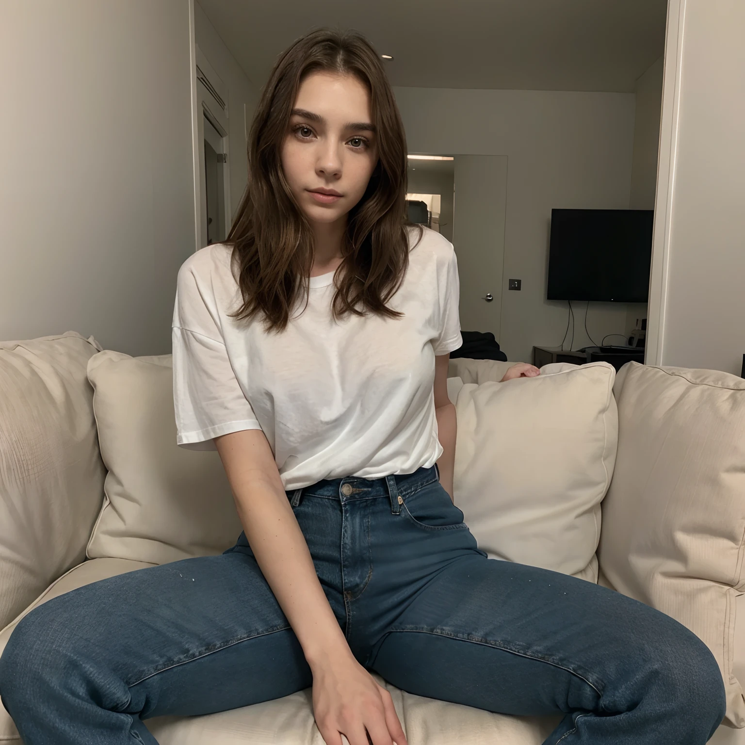 25 year old white slender woman with small chest, Ella tiene corto, brown wavy hair, Small, labios finos, cejas gruesas y naturales, Slightly wide jaw, cara un poco alargada, She's sitting relaxed in a chair in her room, His hands are between his closed legs, He wears long blue jeans and an oversized black T-shirt, Foto de primer plano, tiene piel porosa y natural