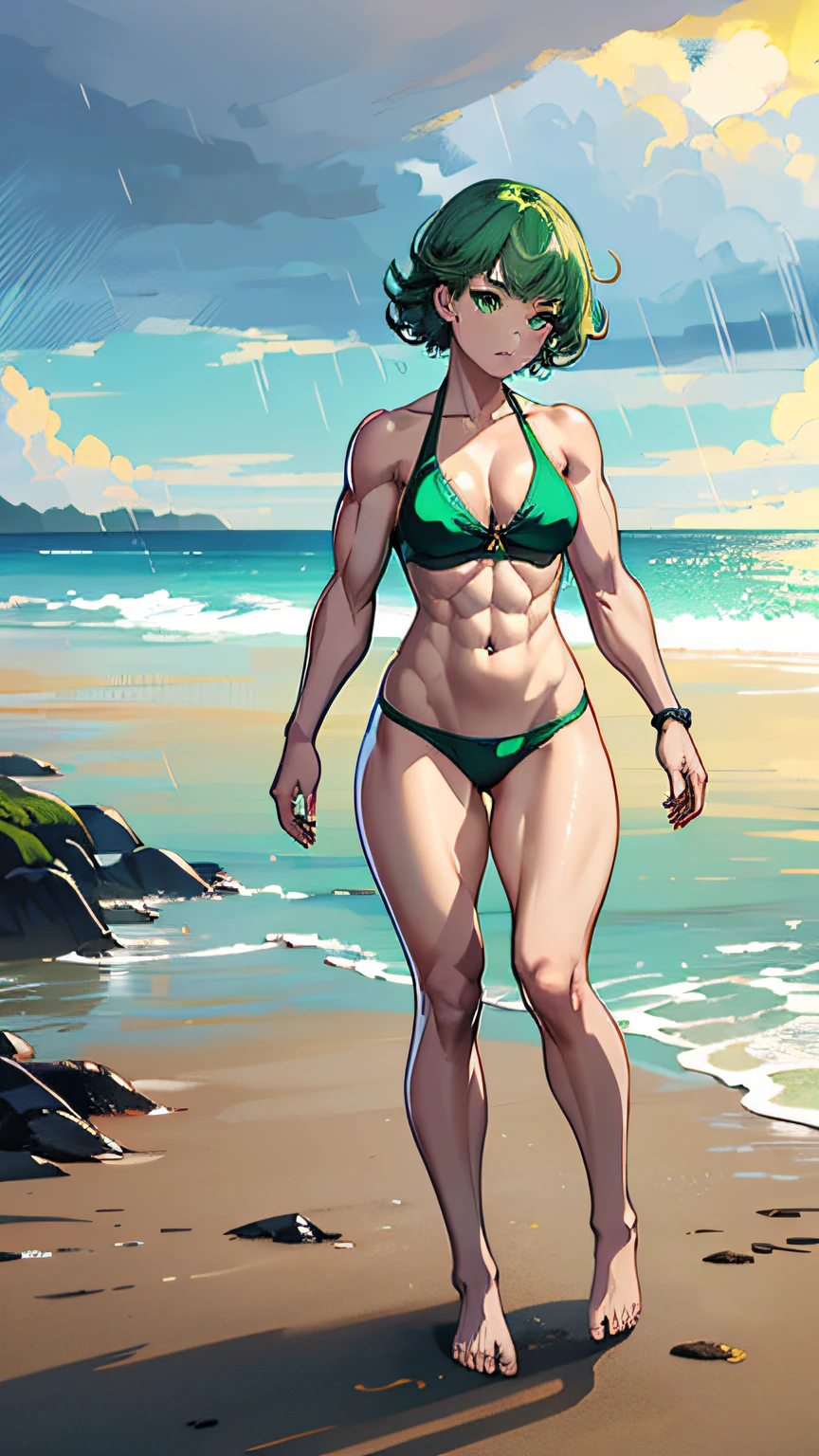 Masterpiece, best quality, ((Tatsumakuki)), 1 girl, solo, medium breasts, wearing green bikini, green eyes, green hair, full body, ((muscular thighs)), focus on thighs, wide and toned ass, muscular belly , barefoot, rainy beach scene, posing sensually, full body photo