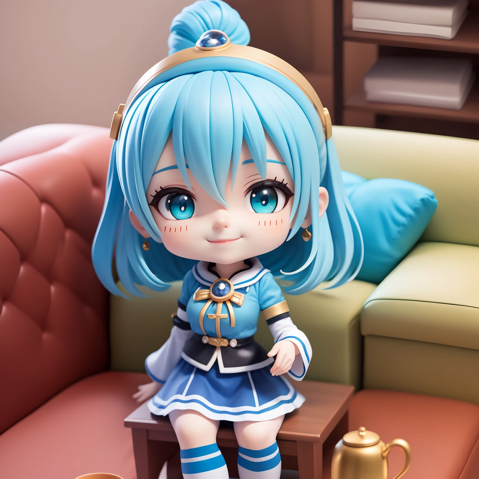 Cute Baby Chibi Anime,(((Super masterpiece、top-quality、ultra-detailliert、1 girl in、Chibi:1.5)))、Fashionable Chibi、outside of house、ride horse🏇🏇🏇、The best smile、Looking at the camera、A detailed face、highdetailskin、Aqua Blue Sauvage Hair、Fairytale country steppe(Chibi:1.4)