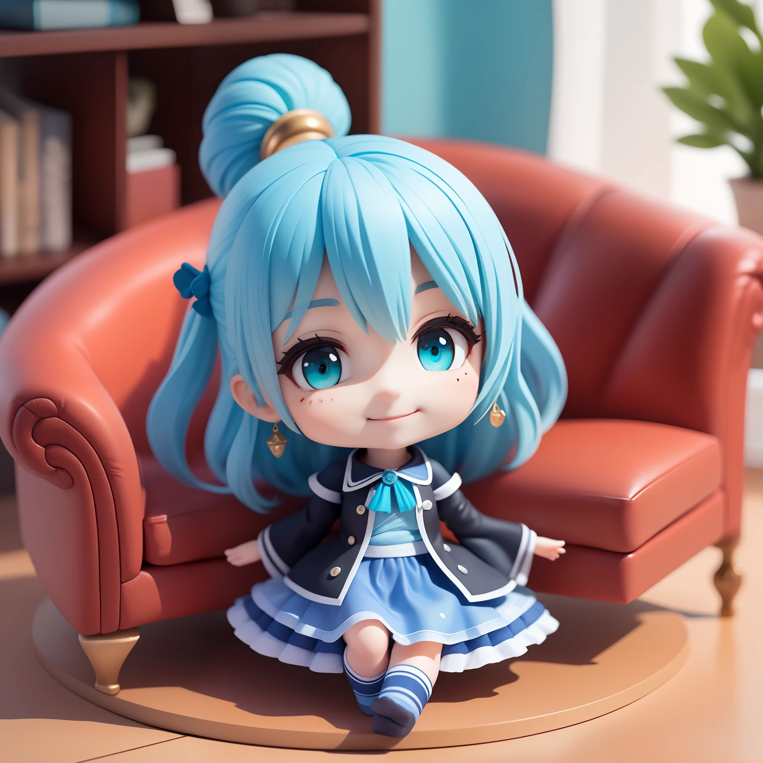 (obra-prima),(melhor qualidade),(Garota nua ultra-detalhado), (corpo inteiro: 1.2), 1girl(aqua_Konosuba), chibi,fofo, sorrir, corte de cabelo longo azul claro, olhos azuis, brinco, camisa azul, saia azul, meias de renda, (sitting on the red couch), postura sedutora, sorrir, An elegant black coffee table sits in front of the sofa and some decorative items are placed on the shelves, (rosto bonito e detalhado), (lindos olhos detalhados),