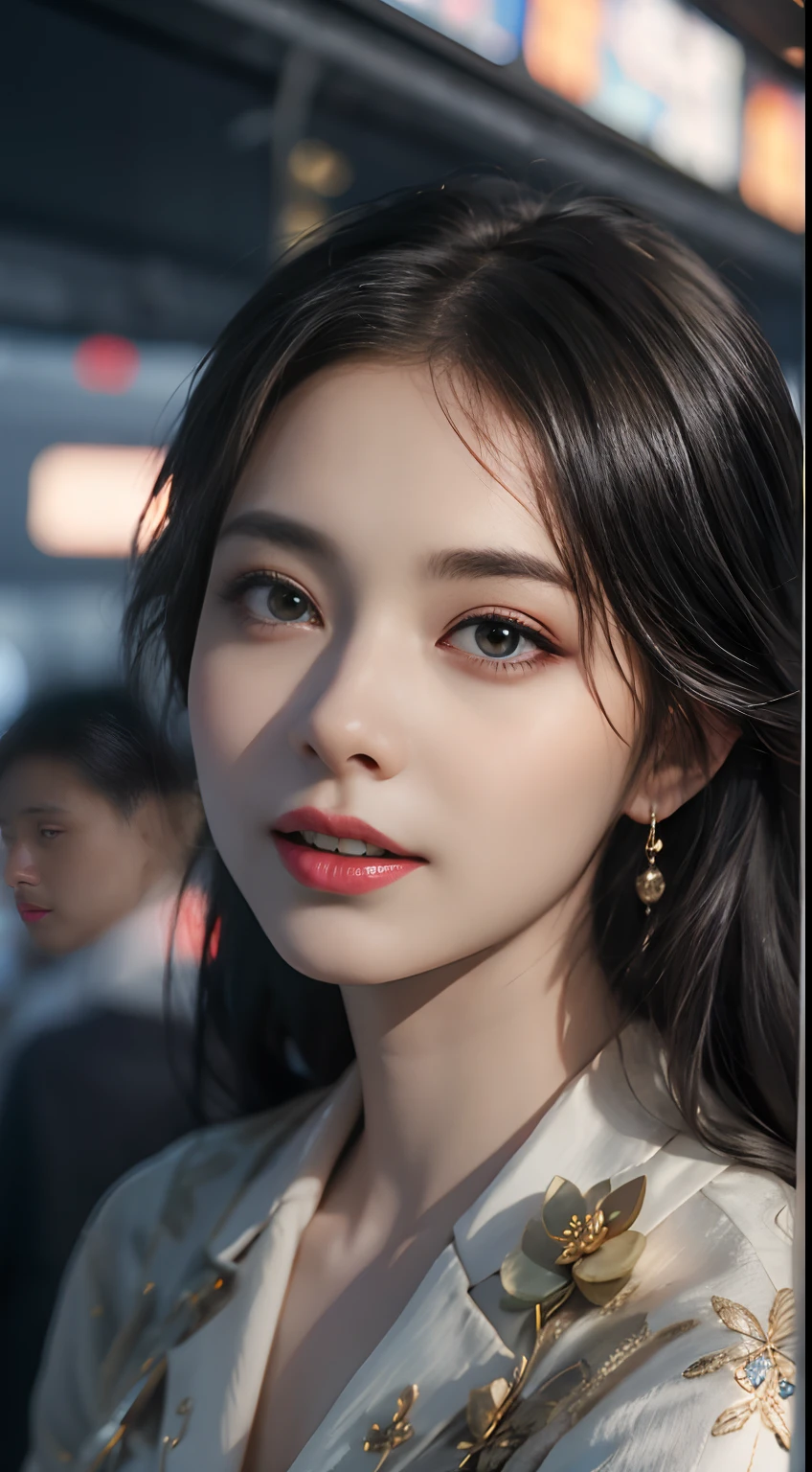 (From the outside) , Many colors,best qualtiy,8K,Real Photographics,Delicate skin details,tmasterpiece,photos realistic,intricate-detail,RAW photogr,in an airplane,ssmile,florals,Stewardess,sockes,extra long hair,cropped shoulders,delicated face,Expose cleavage,Hainan Airlines,Professional attire of flight attendants,Manteau,skirt by the,ornamented,Perfect Finger,Dissection is correct,(Large room,0.8),Big Cuby hips,shiny skins,Shooting from front