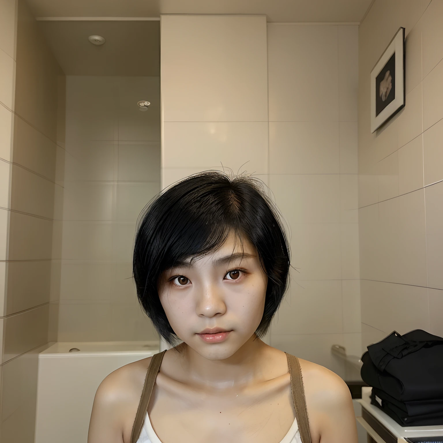 Chinese-Taiwanese-American girl with short fluffy black hair, side-part hair, short mullet, tan skin
