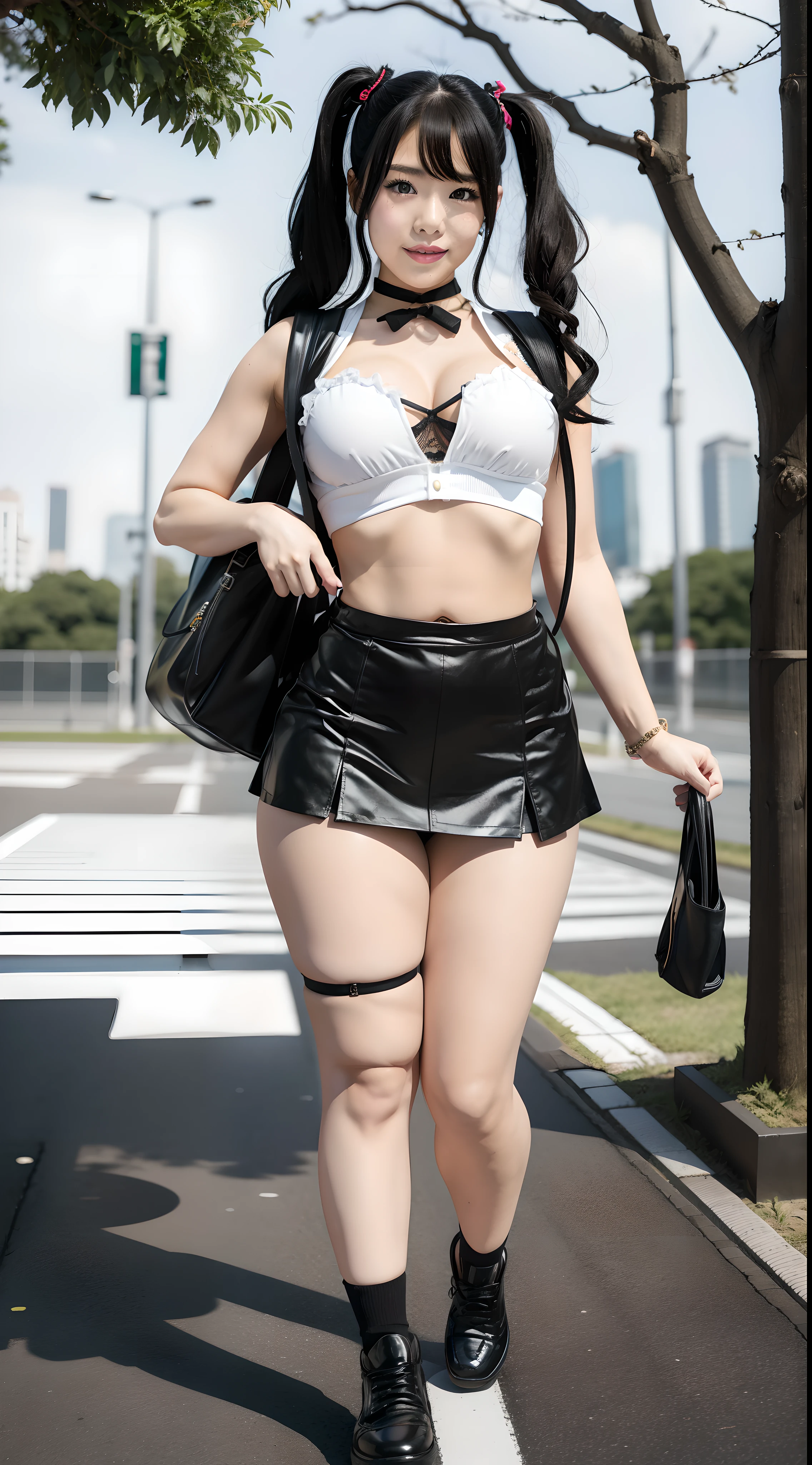 UHD UHR hyper realistic beautiful face and details, high realistic skin, smile, 1girl japanese stretwear, ( Sukeban ), seductive silhouette, sexy look, slluty, wearing black miniskirt and white bustier, garterlerg, muscular body shaped, thicc thighs and Long black stockings and a backpack Tous wears two pigtails, long black hair, toned legs, fine features, walking, Tokyo city in the background fullbody from below voluptuos