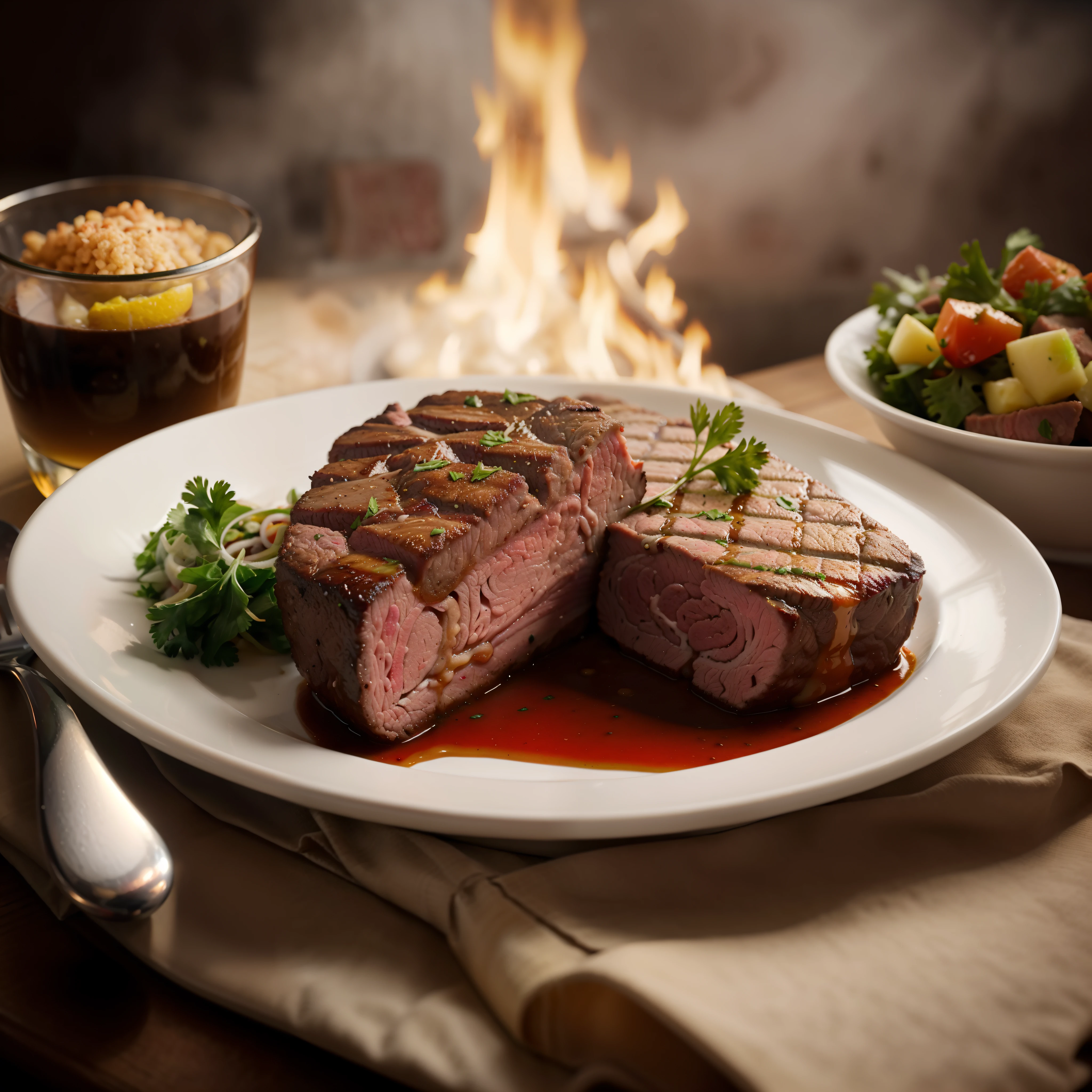 There is a steak plate and a bowl of vegetables on a table, copo bebida com gelo, uma churrasqueira com chamas de fogo ao fundo desfoque gaussiano, fotografia profissional de alimentos, cores vivas, good ilumination, comer carne, Fotografia de comida de alta qualidade, imagem de comida super realista, Directed by: Dietmar Damerau, cooked to perfection, fine dining, Directed by: Daniel Taylor, foto de comida profissional, carne, Directed by: John Murdoch, Directed by: Jakob Gauermann, carne suculenta, Mouthwatering, carne de vaca