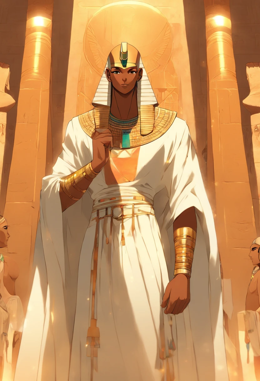 (((bald Ptah)) best quality, very high resolution, 4K detailed CG, masterpiece, Egyptian mythology,Ptah,sunlight,craftsman god, Ancient Egypt, standing pose, white robe, Egyptian clothing, desert, pyramid ,Ancient Egypt, ((bald man)), aesthetic, beautiful image, centered on screen, standing pose