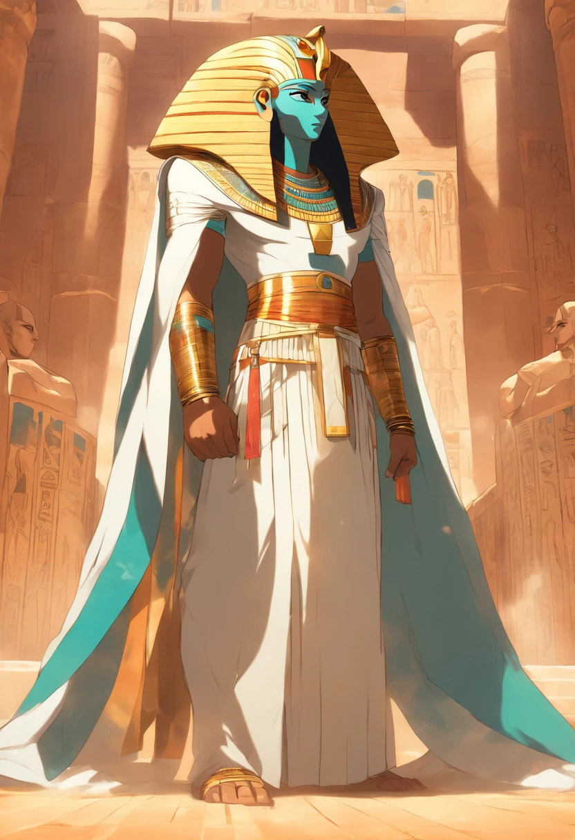 (((bald Ptah)) best quality, very high resolution, 4K detailed CG, masterpiece, Egyptian mythology,Ptah,sunlight,craftsman god, Ancient Egypt, standing pose, white robe, Egyptian clothing, desert, pyramid ,Ancient Egypt, ((bald man)), aesthetic, beautiful image, centered on screen, standing pose