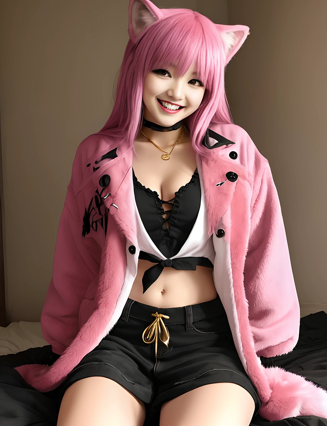 a vampire themed wolf, anthro, pink, soft, kawaii, grunge, red, comfy outfit, gold fangs, cute, smiling