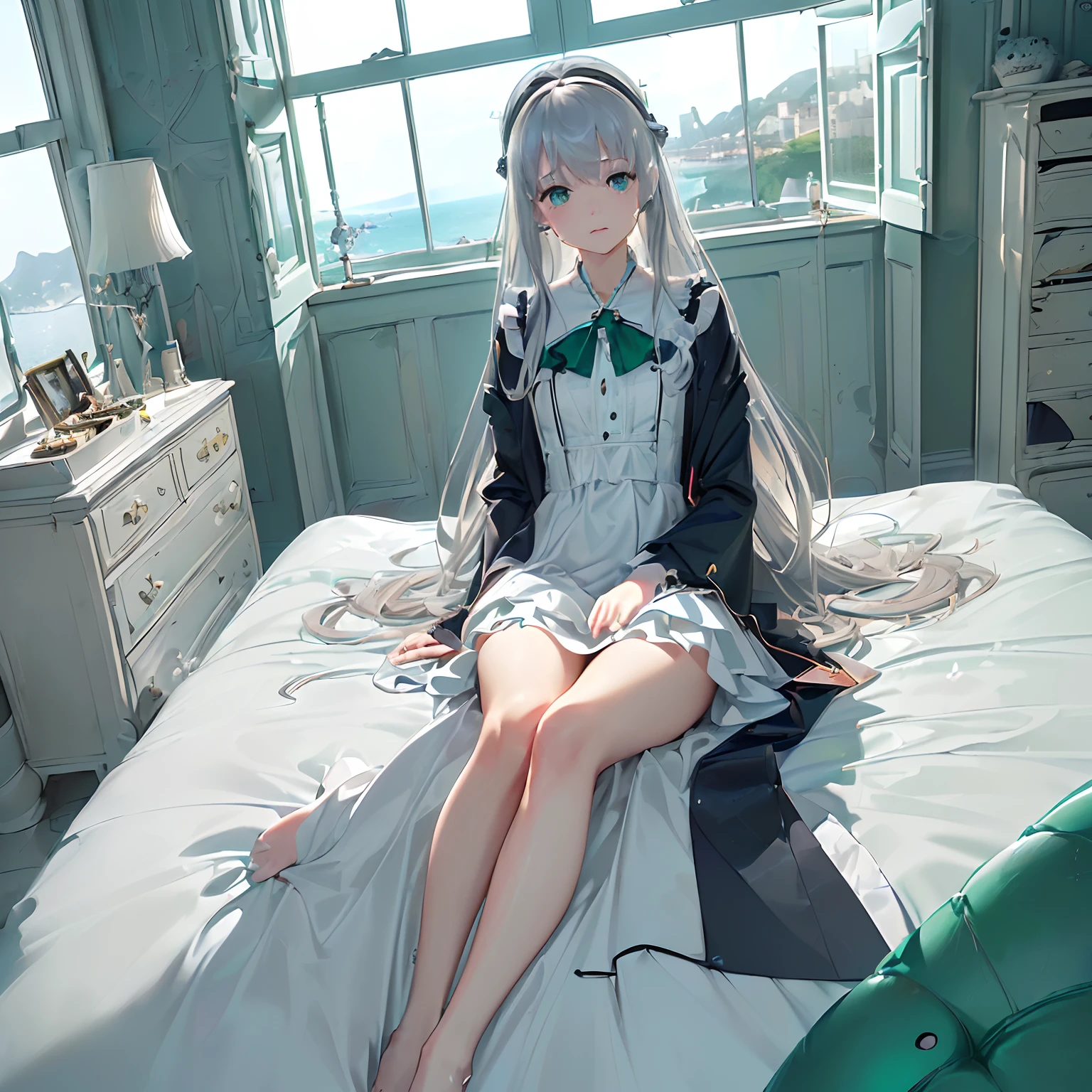 emilia,re:zero,aqua eyes, roswaal mansion maid uniform,, white lab coat, Garter,