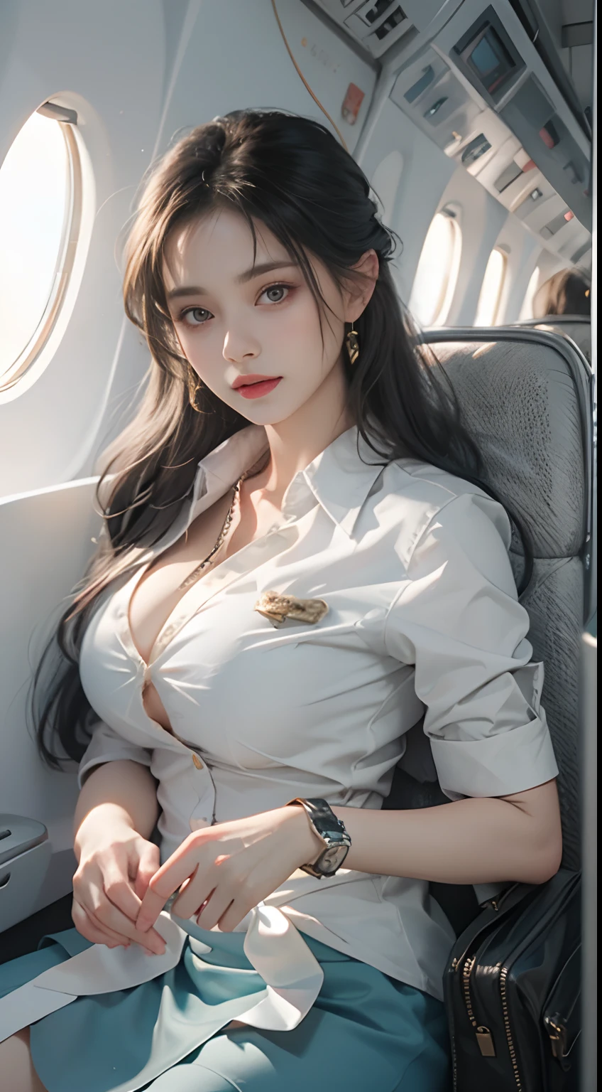 (From the outside) , Many colors,best qualtiy,8K,Real Photographics,Delicate skin details,tmasterpiece,photos realistic,intricate-detail,RAW photogr,in an airplane,ssmile,florals,Stewardess,sockes,extra long hair,cropped shoulders,delicated face,Expose cleavage,Hainan Airlines,Professional attire of flight attendants,Manteau,skirt by the,ornamented,Perfect Finger,Dissection is correct,(Large room,0.8),Big Cuby hips,shiny skins,Shooting from front