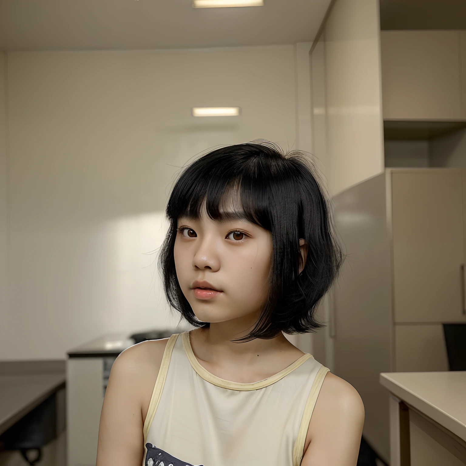 13 year old Chinese-Taiwanese-American girl with short fluffy mullet-like hair, side-part hair, tan skin