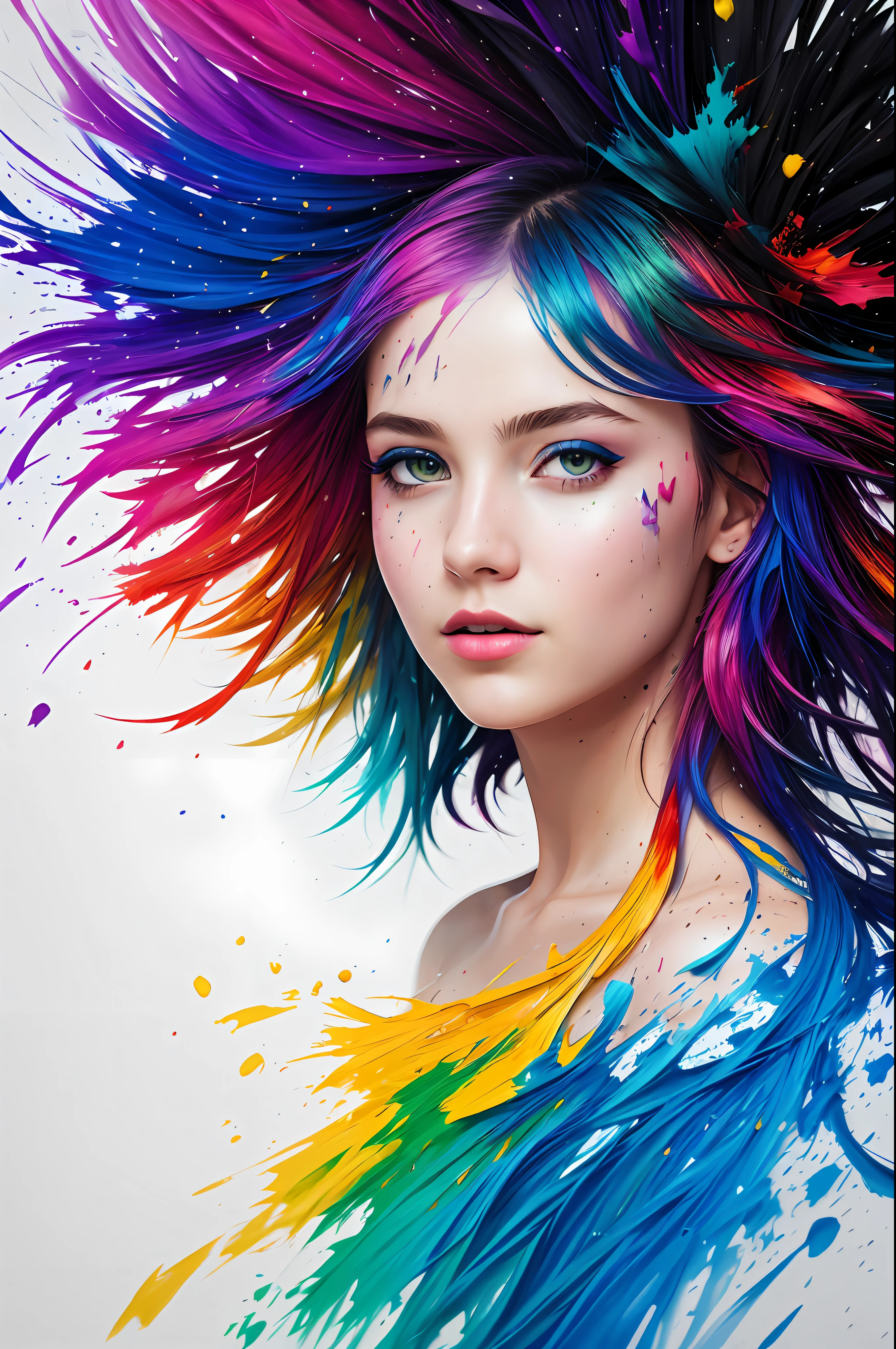 (level difference:1.8),(Paint colliding and splashing on the canvas),(depth of field),1girl's side face blends into it,(side face),open mouth,(liquid paint rainbow hair:1.1) made of paint and defies gravity,thick flowing,(paint splatter:1.3),Liquid state,stunningly beautiful, masterpiece, detailed background,ultra high quality model, ethereal background,abstract beauty, explosive volumetric, oil painting,heavy strokes,Romantic lighting,Sub-Surface Scatterring,lens 135mm,f1.8,glow,8k,high resolution, dreamy,ray tracing,hdr,god rays,