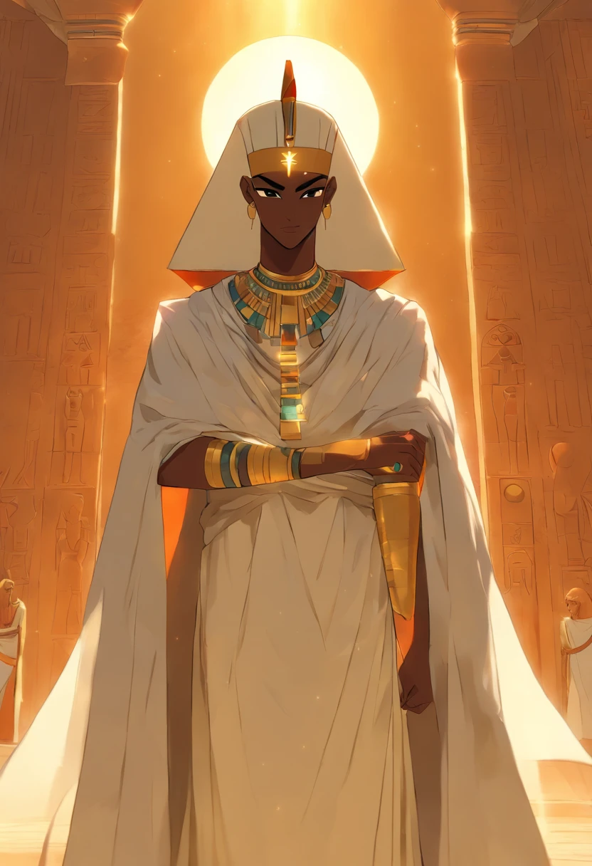 ((Osiris))) best quality, very high resolution, 4K detailed CG, masterpiece, Egyptian mythology, Osiris, sun in the background, Ancient Egypt, standing pose, white clothes, Egyptian clothes, Egyptian temple, desert, Egypt Ancient, ((Mummified body)), Egyptian palace, aesthetics, beautiful image, centered on canvas, standing pose