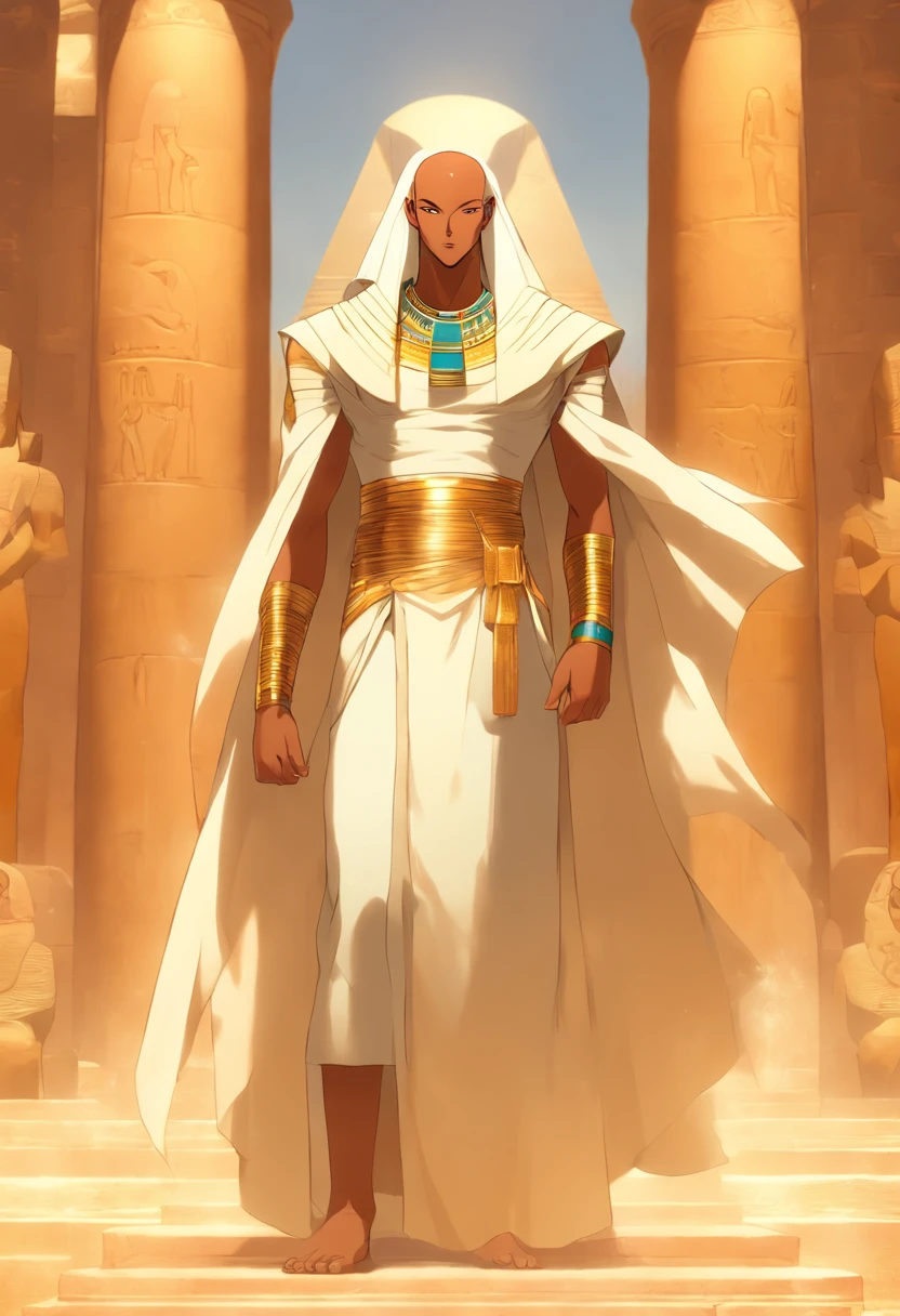 (((bald Ptah)) best quality, very high resolution, 4K detailed CG, masterpiece, Egyptian mythology,Ptah,sunlight,bald god,Ancient Egypt,standing pose,white robe,Egyptian clothing,desert,pyramid ,Ancient Egypt, ((bald man)), aesthetic, beautiful image, centered on screen, standing pose