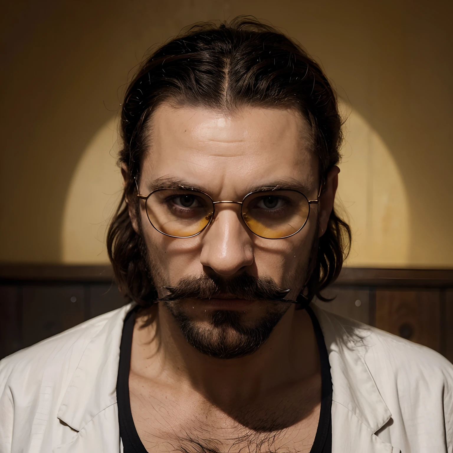 ((seulement))A 40-year-old Russian demonic character with a red skin color and black curly hair.Un nez pointu et une moustache pointue.Has a jaw and a scar on his cheek.Wears dark glasses and a brown 60s suit and a white t-shirt underneath.It has a third eye on its forehead and two yellow horns on its head.il est grand