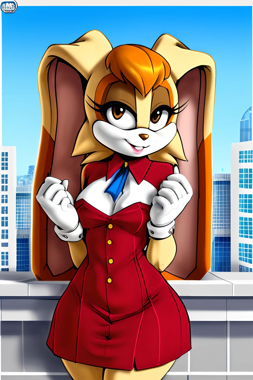 masterpiece, best quality, vanilla the rabbit, brown eyes, animal nose, sonic the hedgehog (series), short hair, orange hair, white gloves, looking at viewer, standing, red high heels, rabbit girl, medium breasts, breasts, sonic the hedgehog \(series\), furry, furry female, highly detailed, detailed background, mature female, city, buildings, outside, (uploaded on e621), (((by marthedog, by chadthecartoonnut, by avante92))), dress, blue ascot, red vest,