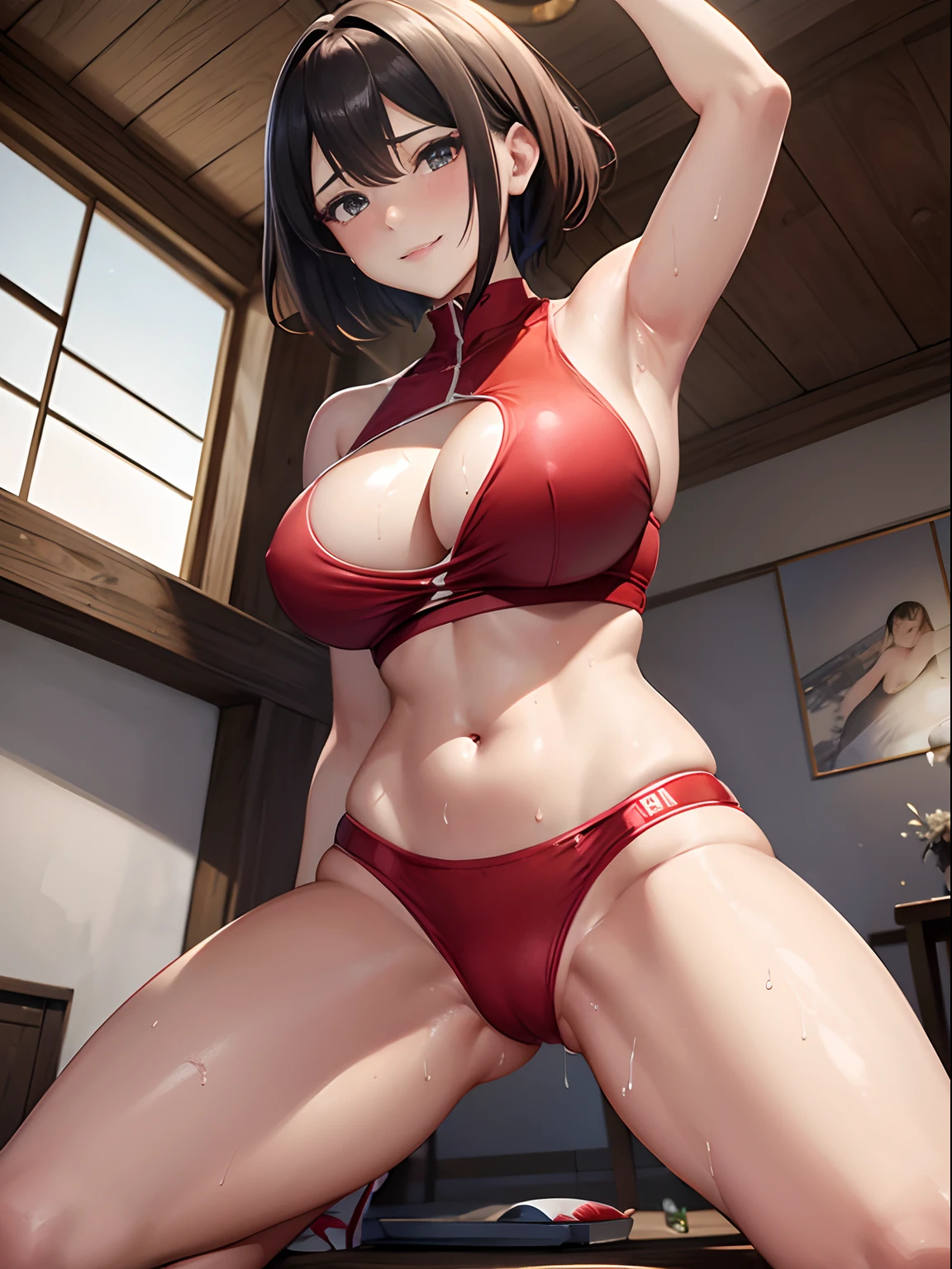 masutepiece、masterpiece、top-quality、Beautuful Women、Extraordinary beauty、Volleyball Costume、panthyhose、Colossal tits、teats、short-cut、A dark-haired、Nasty smile、beauty legs、1人の女性、full of sweat、red blush