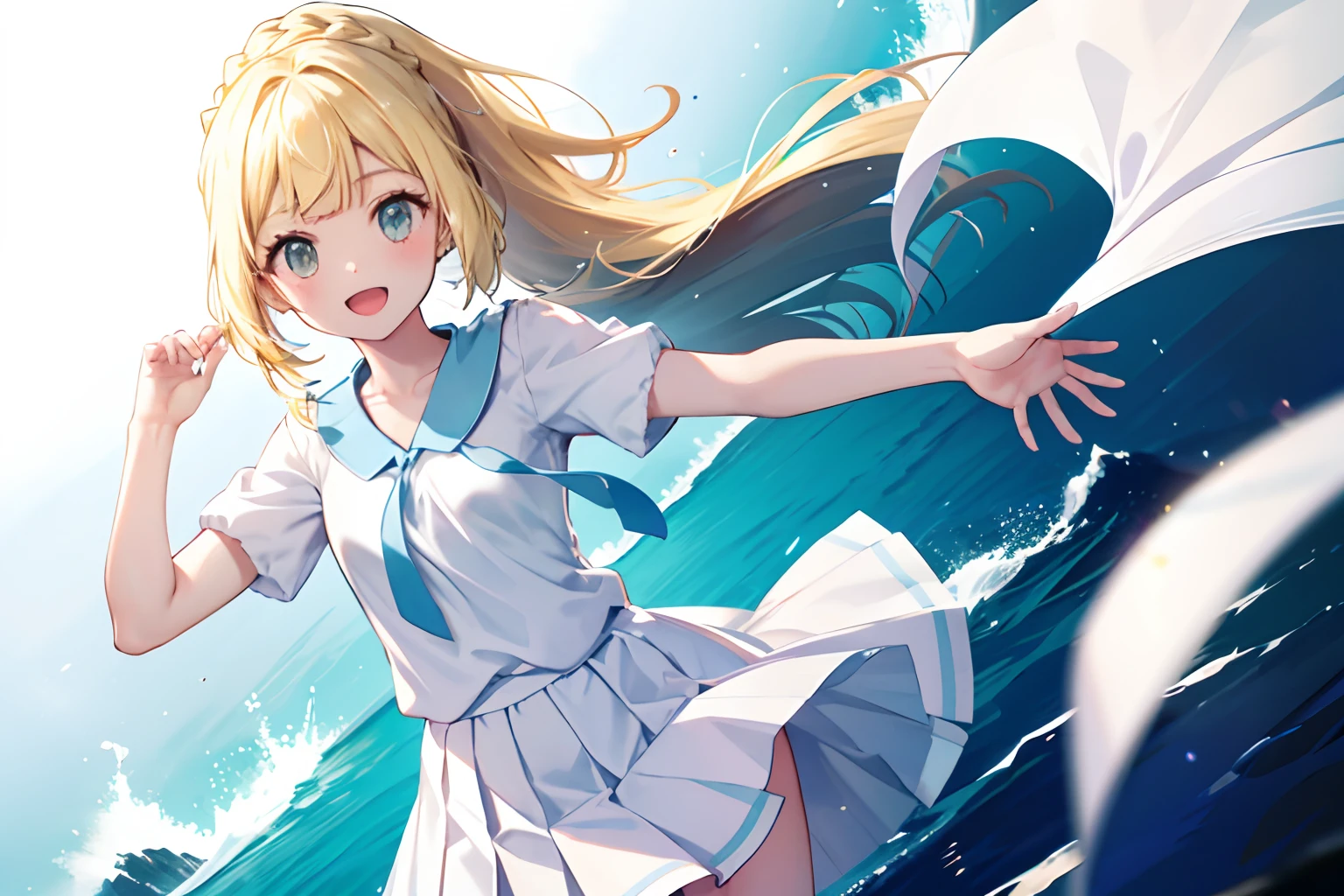 aalillie, long hair, ponytail, french braid, white shirt, short sleeves, white skirt, pleated skirt,Smile with open mouth,Top image quality,Masterpiece,Best Quality