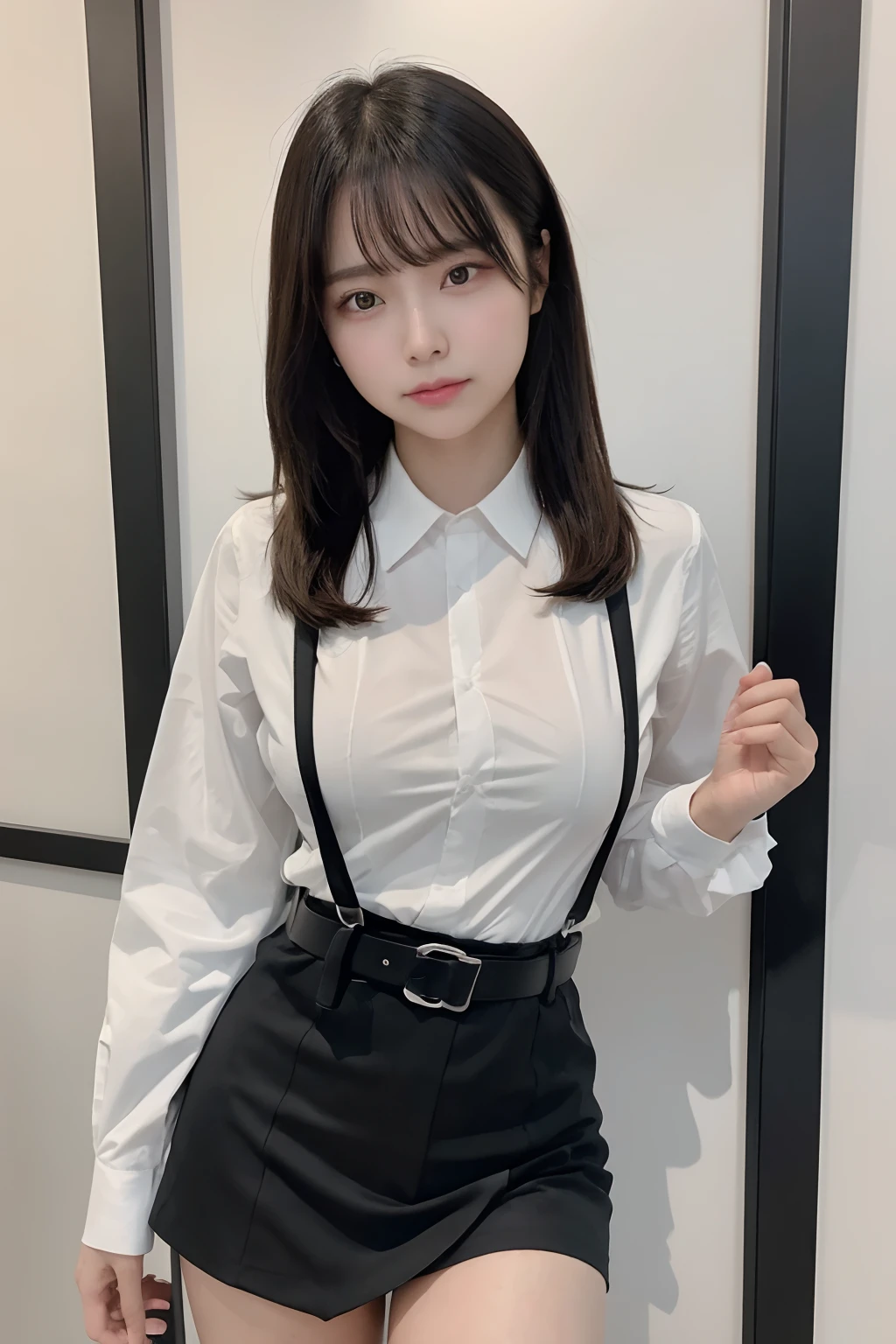 masterpiece、top-quality、The ultra -The high-definition、、colourfull、flat-colors、depth of fields、lens flare 1 girl、、A dark-haired、watching at viewers Suits Cutter shirt a belt suspenders working adults materia OL Black Suit Black jacket glares huge-breasted a miniskirt garterbelts knee high Stockings Brackniso Colorcon armpit sweat perspiring Side of both hands