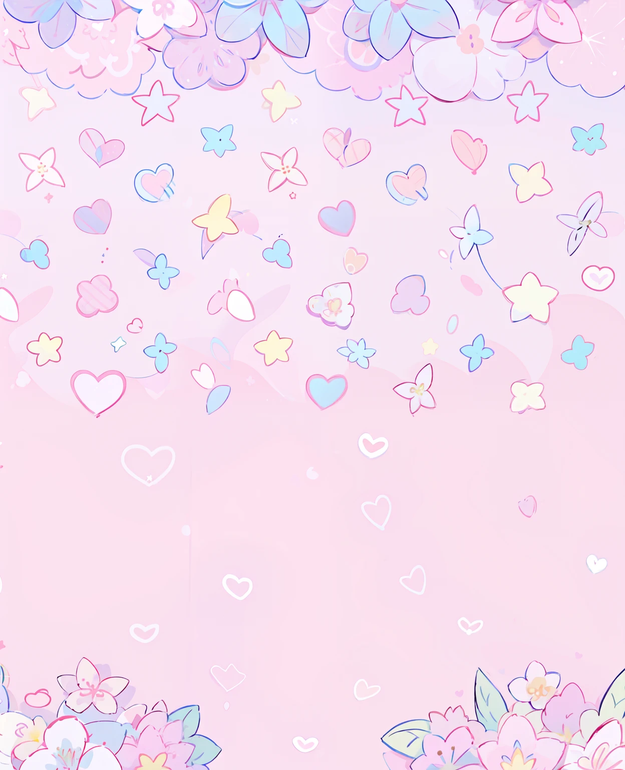 (pastel background:1.2), patterned background, doodles everywhere, an entire backgound filled with a repeating pattern of cute hearts, stars and butterlfies and flowers and other cute stuff
