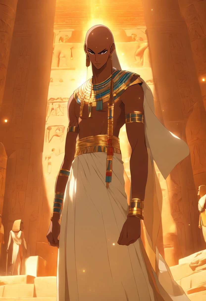(((bald Ptah)) best quality, very high resolution, 4K detailed CG, masterpiece, Egyptian mythology,Ptah,sunlight,bald god,Ancient Egypt,standing pose,white robe,Egyptian clothing,desert,pyramid ,Ancient Egypt, ((bald man)), aesthetic, beautiful image, centered on screen, standing pose