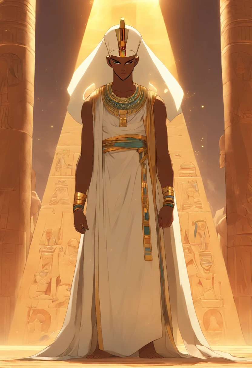 (((bald Ptah)) best quality, very high resolution, 4K detailed CG, masterpiece, Egyptian mythology,Ptah,sunlight,bald god,Ancient Egypt,standing pose,white robe,Egyptian clothing,desert,pyramid ,Ancient Egypt, ((bald man)), aesthetic, beautiful image, centered on screen, standing pose