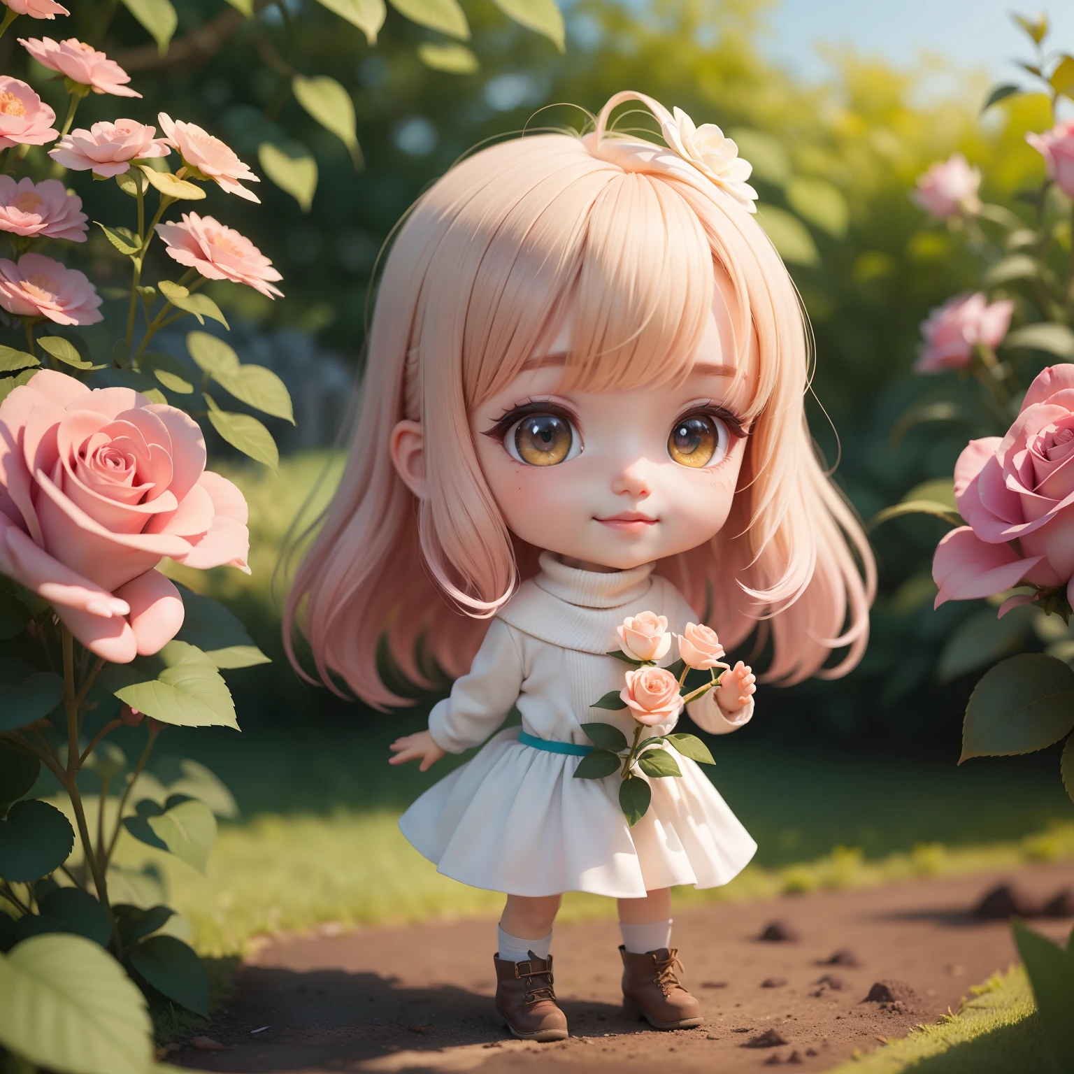 Anime chibi cute ,(Super Obra-Prima、qualidade superior、ultra-detalhada、1 menina em、Chibi:1.5)、Chibi da moda、Modelo de Moda、White Turtleneck Mesh & saia plissada、Botas rendadas、fora de casa、(Rosas azuis:1.1)、(Coloma Rose Garden in Belgium:1.2)、O melhor sorriso、looking at the camera、Um rosto detalhado、highdetailskin、Aqua Blue Sauvage Cabelo、(Chibi:1.4)todas em 8k