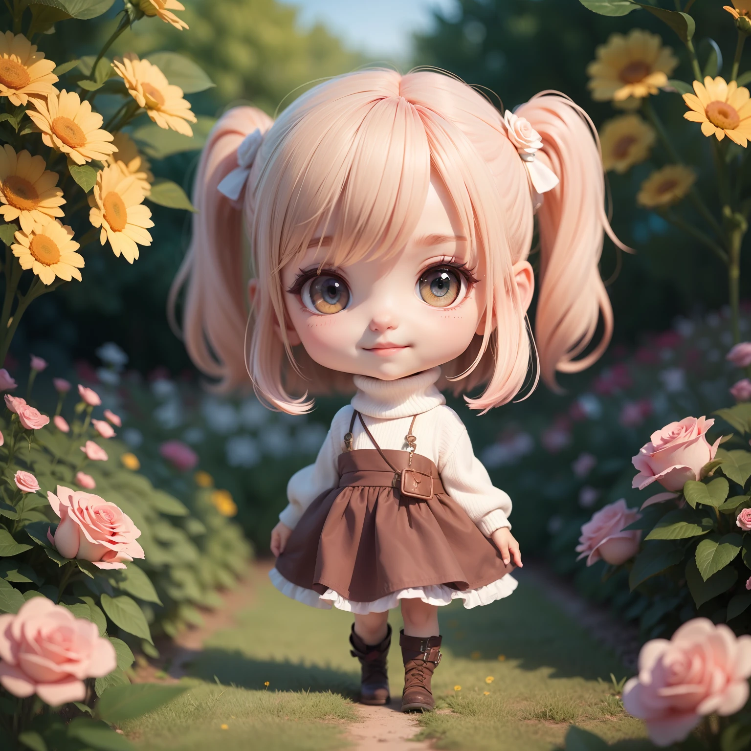 Anime chibi cute ,（Super Obra-Prima、qualidade superior、ultra-detalhada、1 menina em、Chibi：1.5)、Chibi da moda、Modelo de Moda、White Turtleneck Mesh & saia plissada、Botas rendadas、fora de casa、(Rosas azuis:1.1)、(Coloma Rose Garden in Belgium:1.2)、O melhor sorriso、looking at the camera、Um rosto detalhado、highdetailskin、Aqua Blue Sauvage Cabelo、（Chibi：1.4）todas em 8k