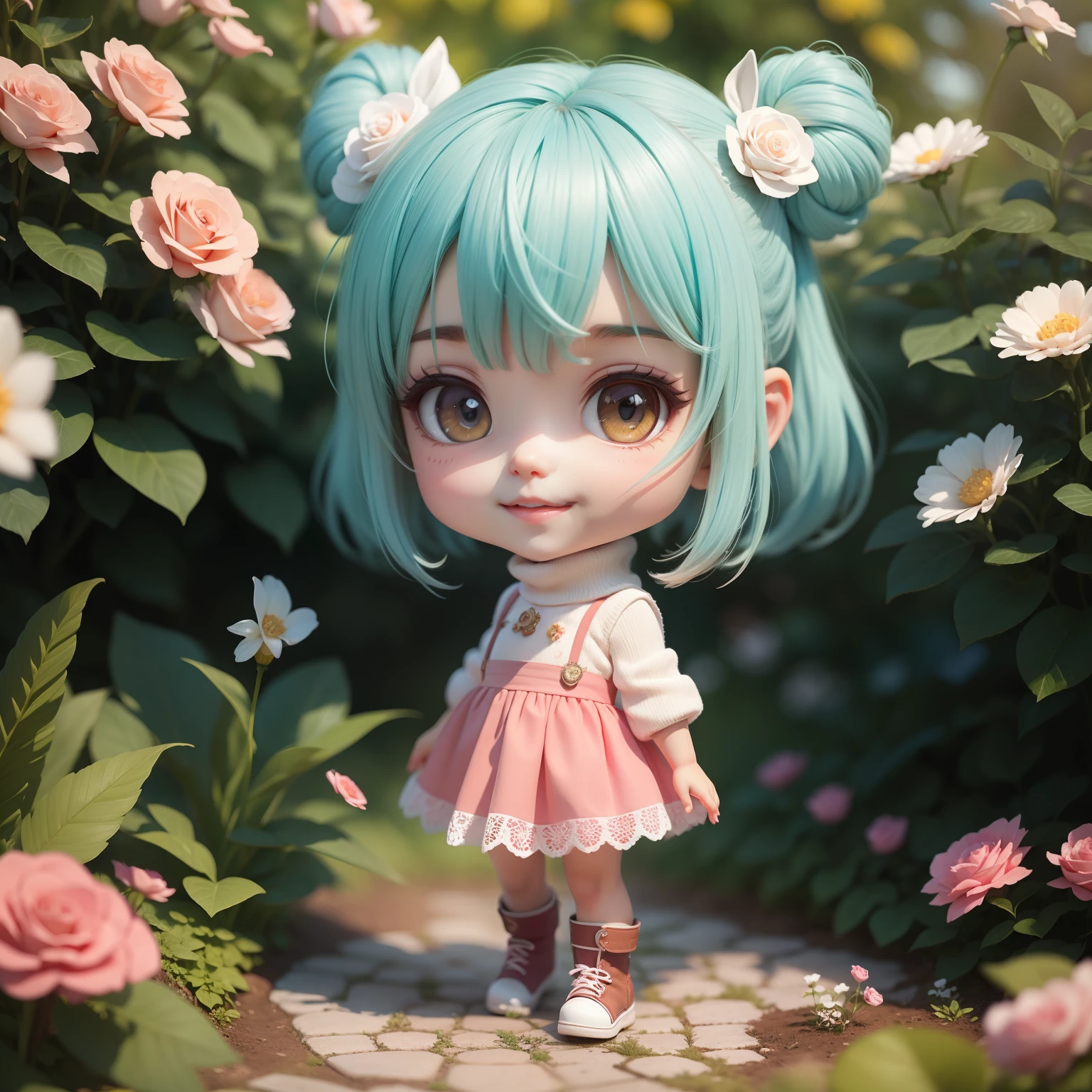 Anime chibi cute ,(Super Obra-Prima、qualidade superior、ultra-detalhada、1 menina em、Chibi:1.5)、Chibi da moda、Modelo de Moda、White Turtleneck Mesh & saia plissada、Botas rendadas、fora de casa、(Rosas azuis:1.1)、(Coloma Rose Garden in Belgium:1.2)、O melhor sorriso、looking at the camera、Um rosto detalhado、highdetailskin、Aqua Blue Sauvage Cabelo、(Chibi:1.4)todas em 8k