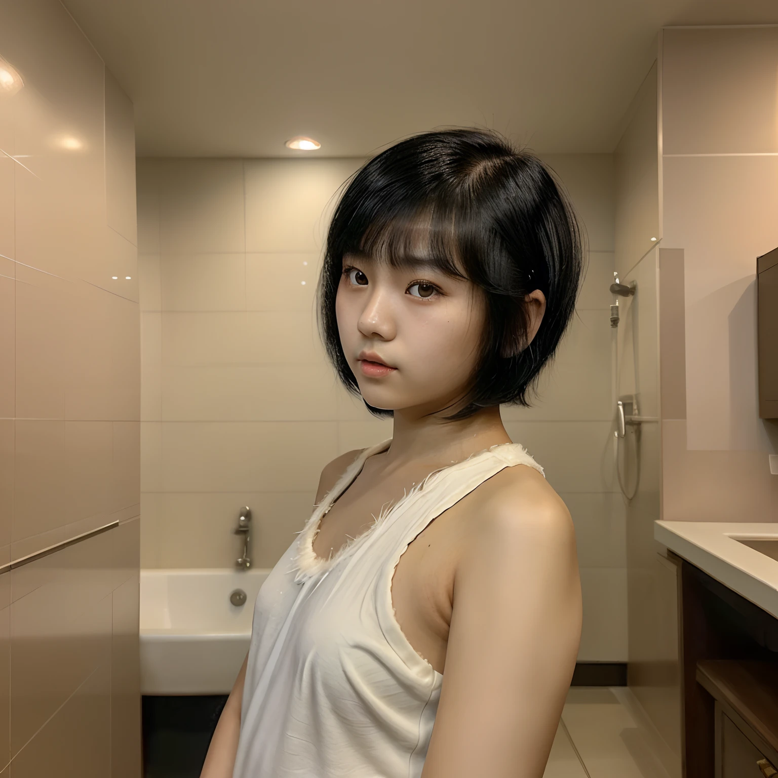 Chinese-Taiwanese-American girl with short fluffy black hair, side-part hair, short mullet, tan skin with warm undertone