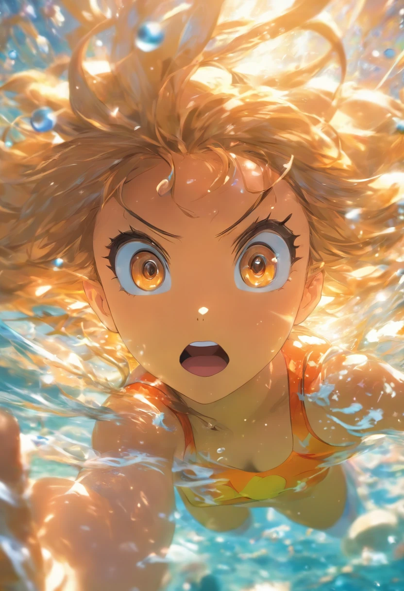 foreshortening, depth of fields, masutepiece, Best Quality, 1girl in, Golden head hair, Brown eyes, Long hair, under the water, Air bubble, Solo, Looking at Viewer, School Swimsuit, Swimming, Dappled sunlight,