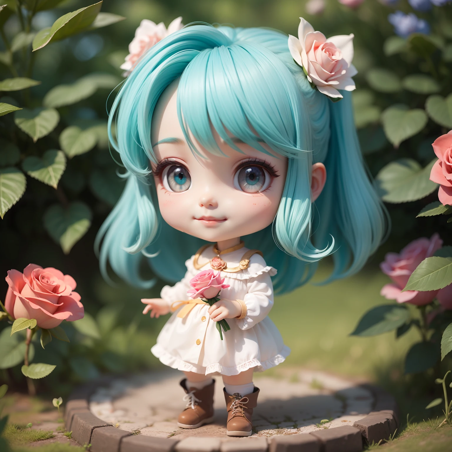 Anime chibi cute baby,（Super Obra-Prima、qualidade superior、ultra-detalhada、1 menina em、Chibi：1.5)、Chibi da moda、modelo de moda、Malha branca de gola alta & Saia plissada、Botas rendidas、fora de casa、(Rosas azuis:1.1)、(Coloma Rose Garden in Belgium:1.2)、O melhor sorriso、looking at the camera、Um rosto detalhado、highdetailskin、Aqua Blue Sauvage Cabelo、（Chibi：1.4）todas em 8k